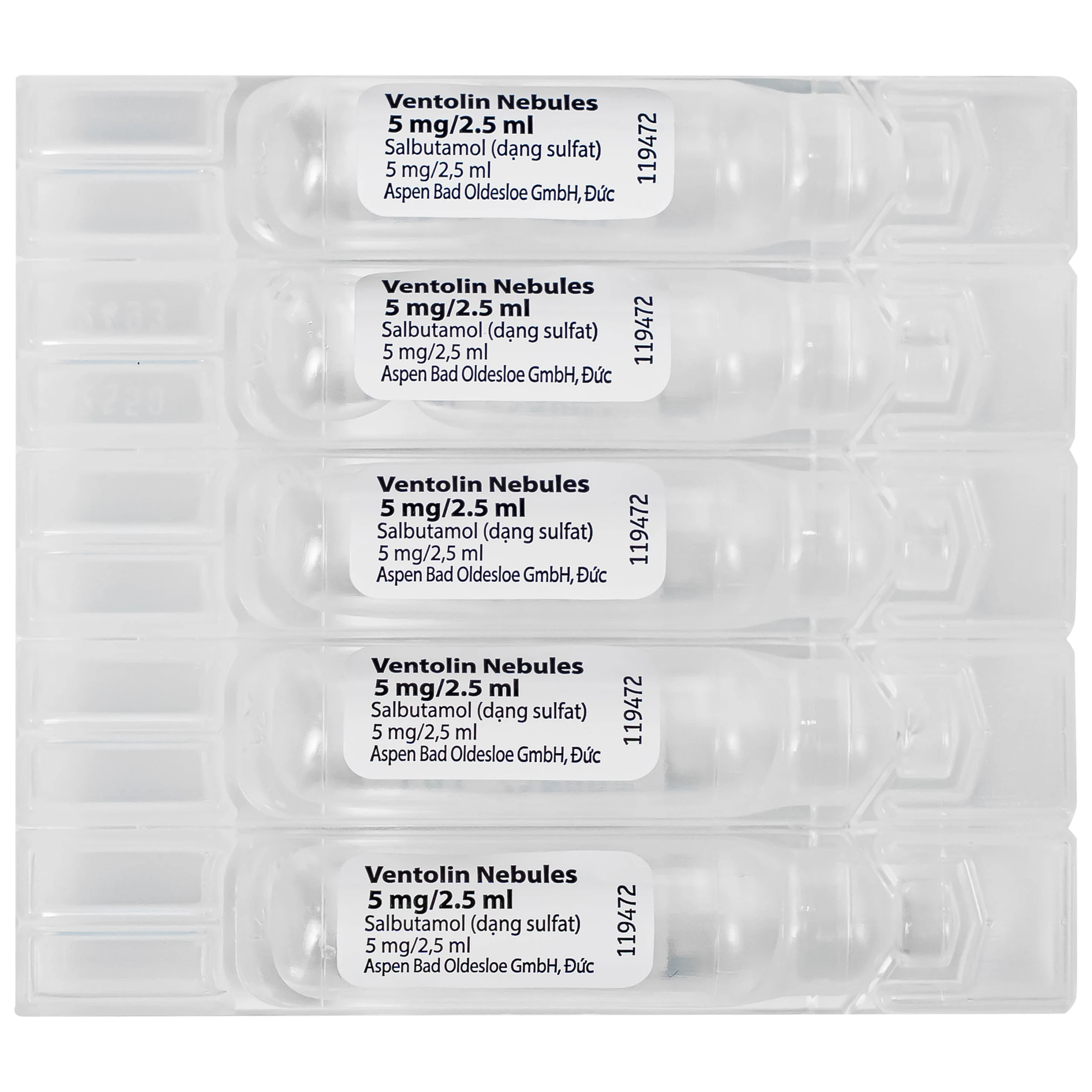 Dung dịch khí dung Ventolin Nebules 5mg GSK điều trị hoặc ngăn ngừa co thắt phế quản (4 vỉ x 5 ống)