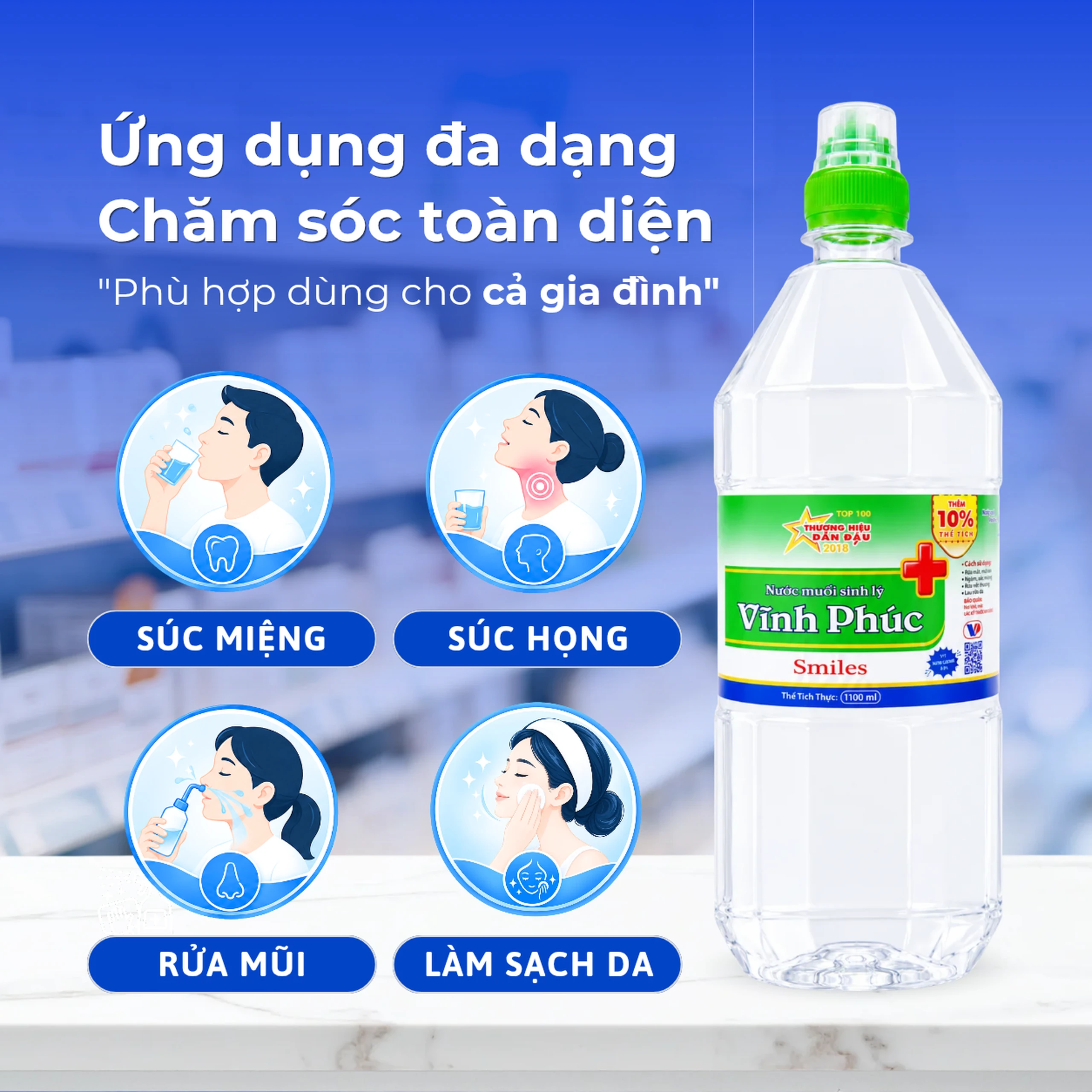Nước muối Vĩnh Phúc Smiles 1100ml natri clorid 0.9 giúp làm sạch răng, khử mùi hôi miệng 4