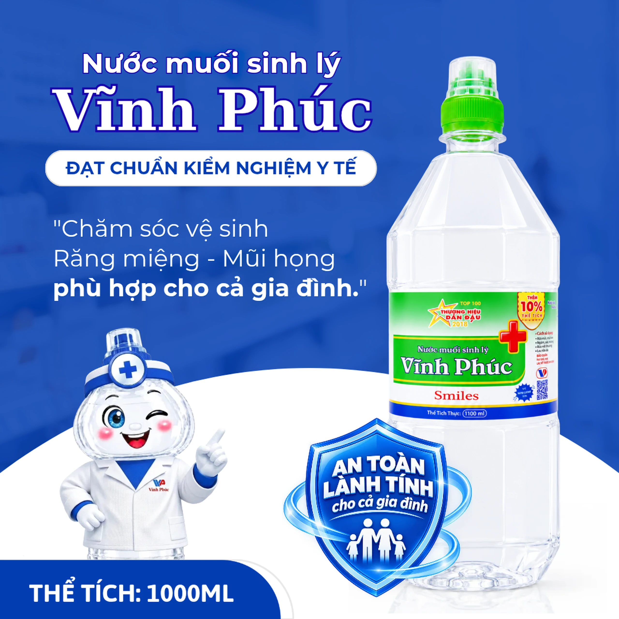 Nước muối Vĩnh Phúc Smiles 1100ml natri clorid 0.9 giúp làm sạch răng, khử mùi hôi miệng 2