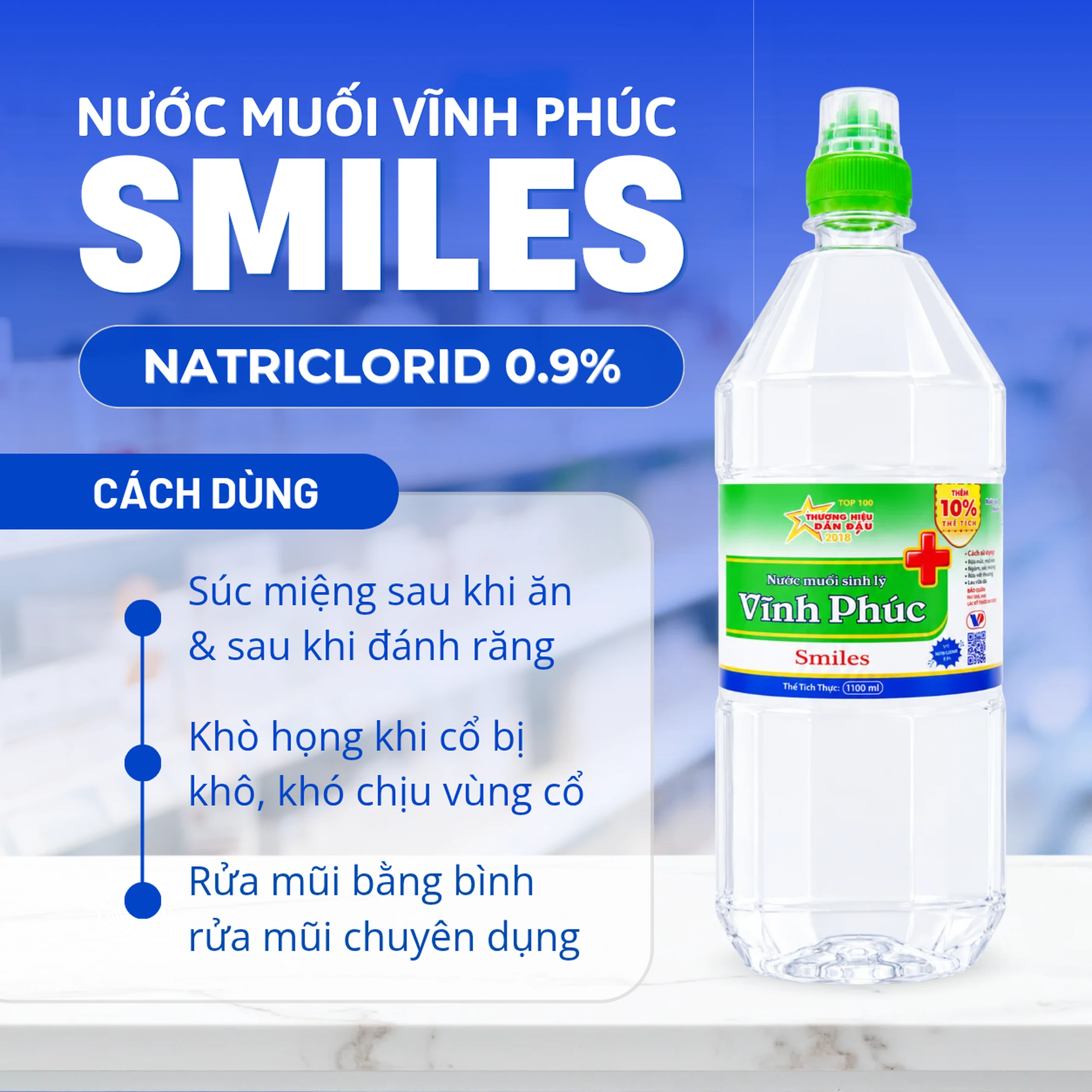 Nước muối Vĩnh Phúc Smiles 1100ml natri clorid 0.9 giúp làm sạch răng, khử mùi hôi miệng 5