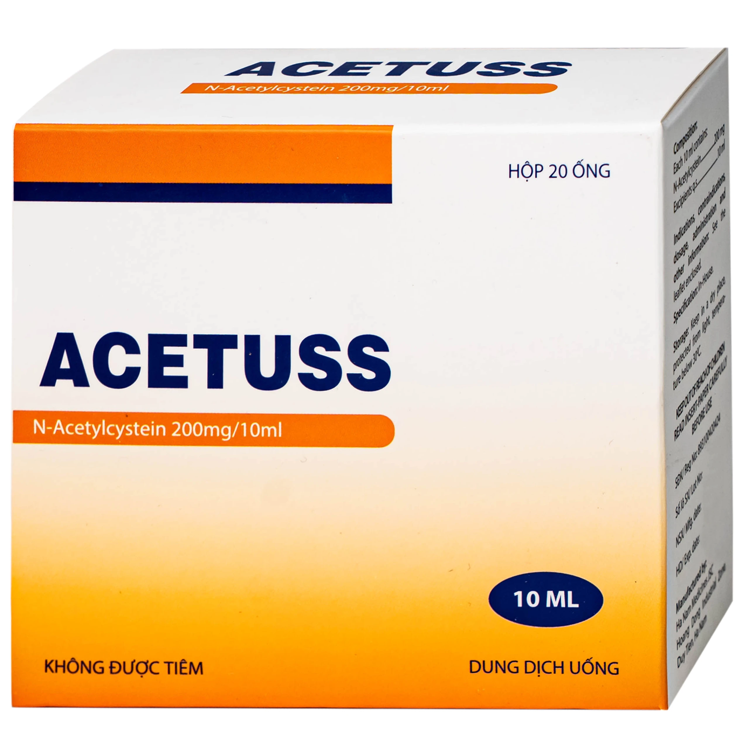 Dung dịch uống Acetuss Hà Nam tiêu nhầy trong bệnh viêm phế quản, bệnh nhầy nhớt (20 ống)