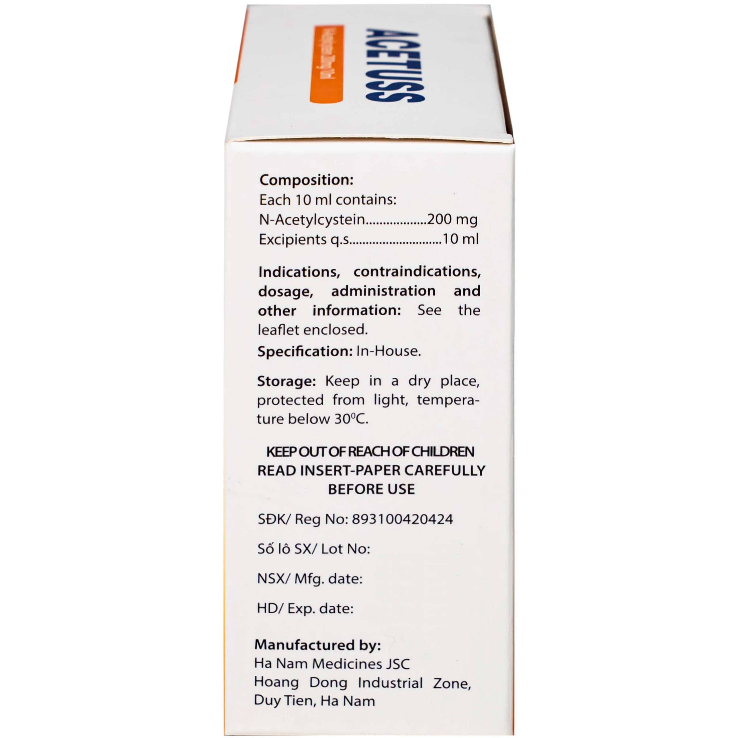 Dung dịch uống Acetuss Hà Nam tiêu nhầy trong bệnh viêm phế quản, bệnh nhầy nhớt (20 ống)