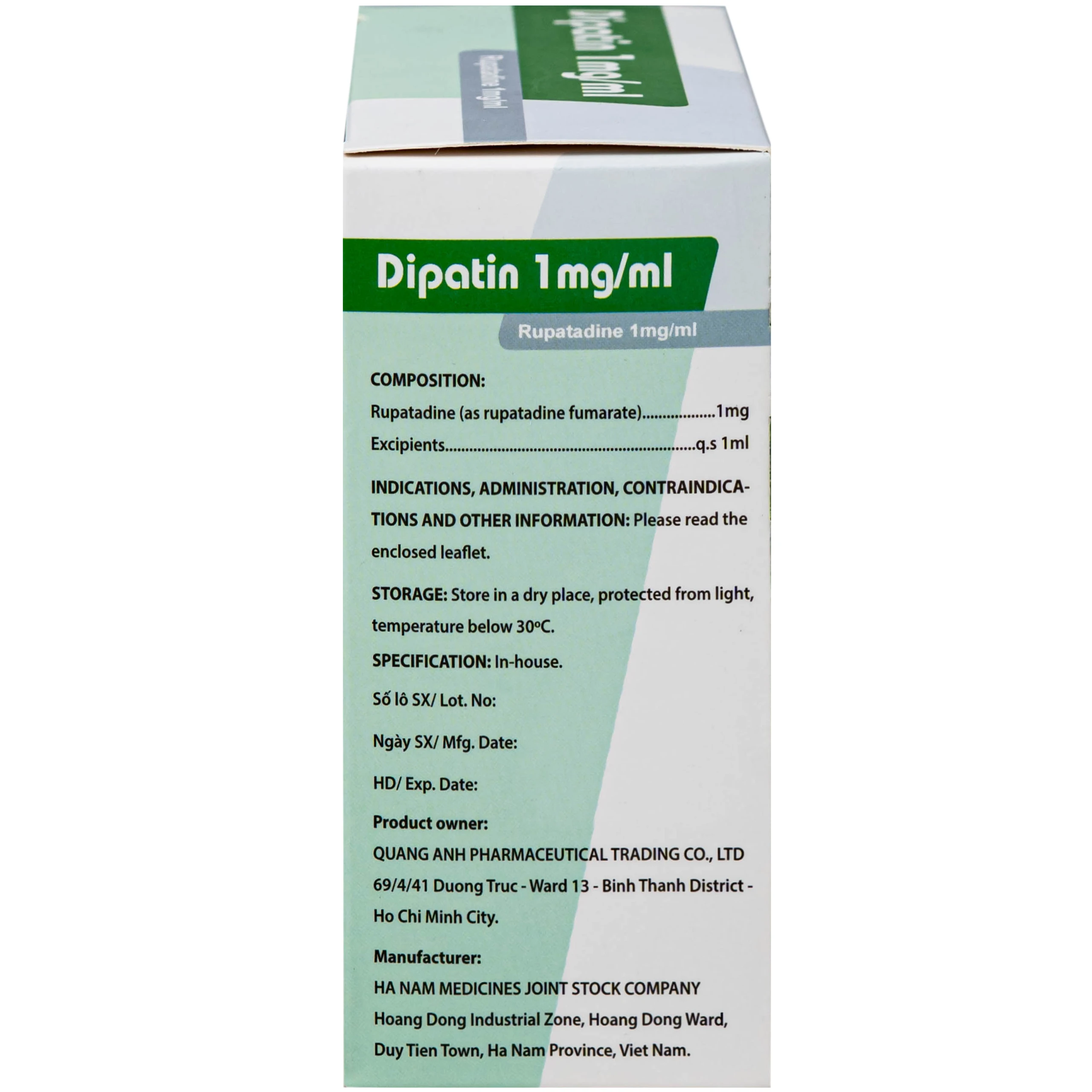 Dung dịch uống Dipatin 1mg/ml Hà Nam điều trị triệu chứng viêm mũi dị ứng và bệnh mày đay (20 ống x 10ml)