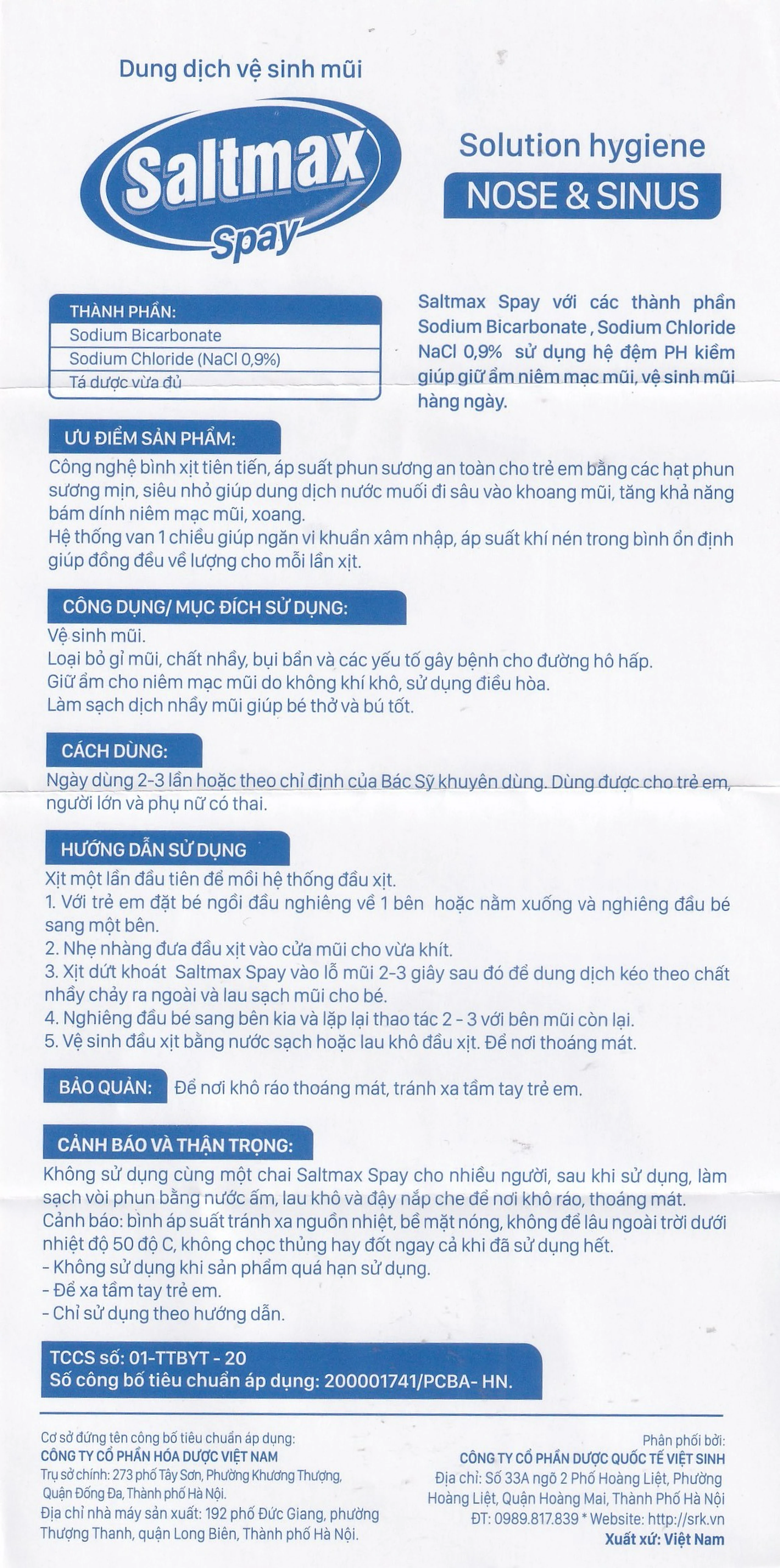 Xịt mũi Saltmax spay 100ml Việt Sinh giúp vệ sinh mũi, giữ ẩm niêm mạc mũi