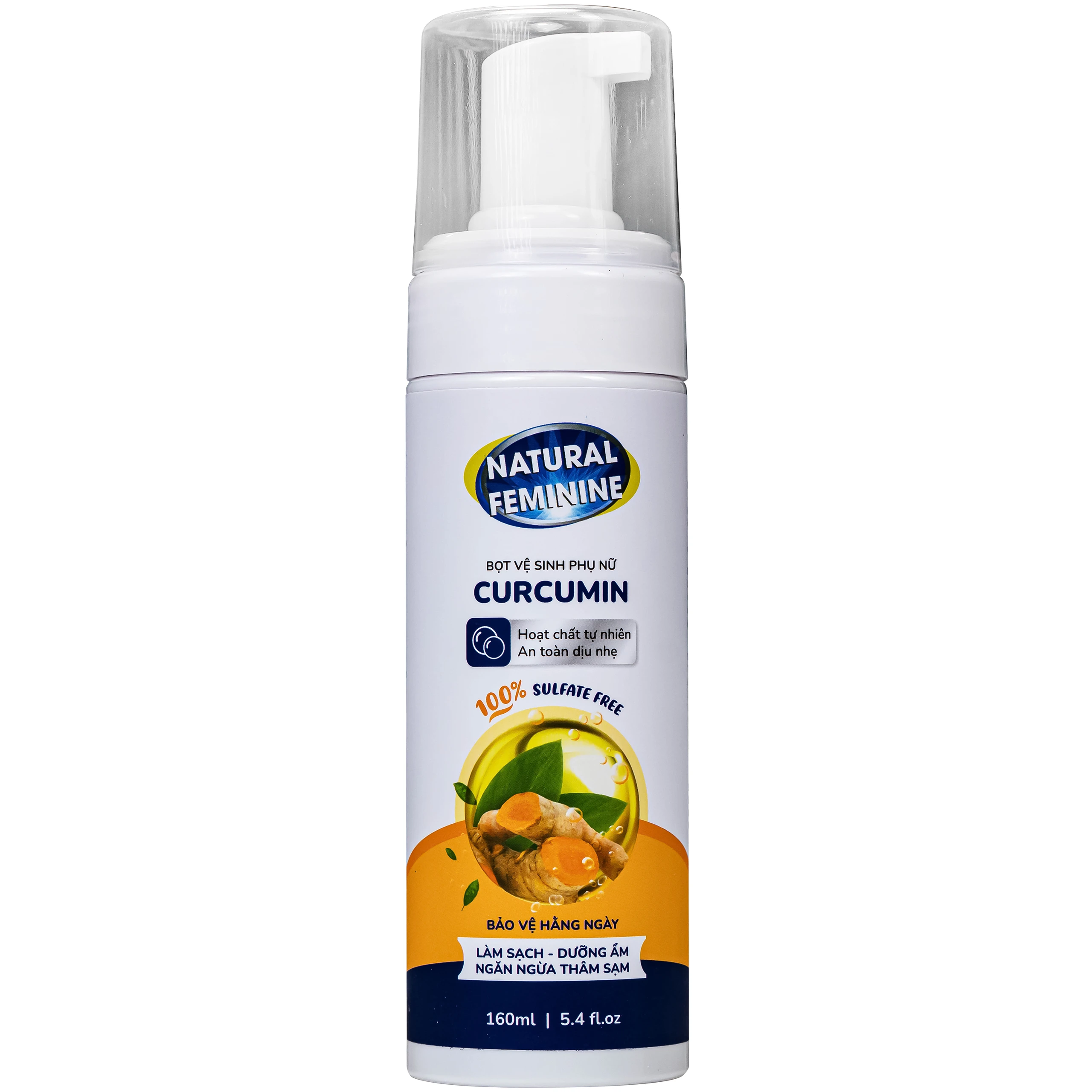 Dung dịch vệ sinh phụ nữ dạng bọt Natural Feminine Curcumin làm sạch, khử mùi, kháng khuẩn (160ml)