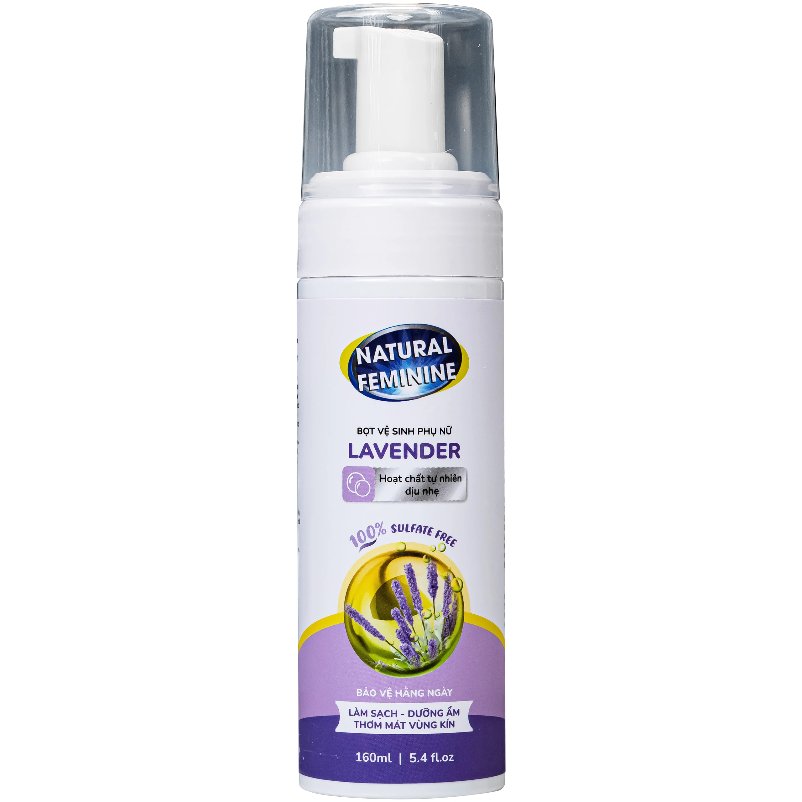 Dung dịch vệ sinh phụ nữ dạng bọt Natural Feminine Lavender làm sạch và bảo vệ vùng kín, duy trì cân bằng pH (160ml)