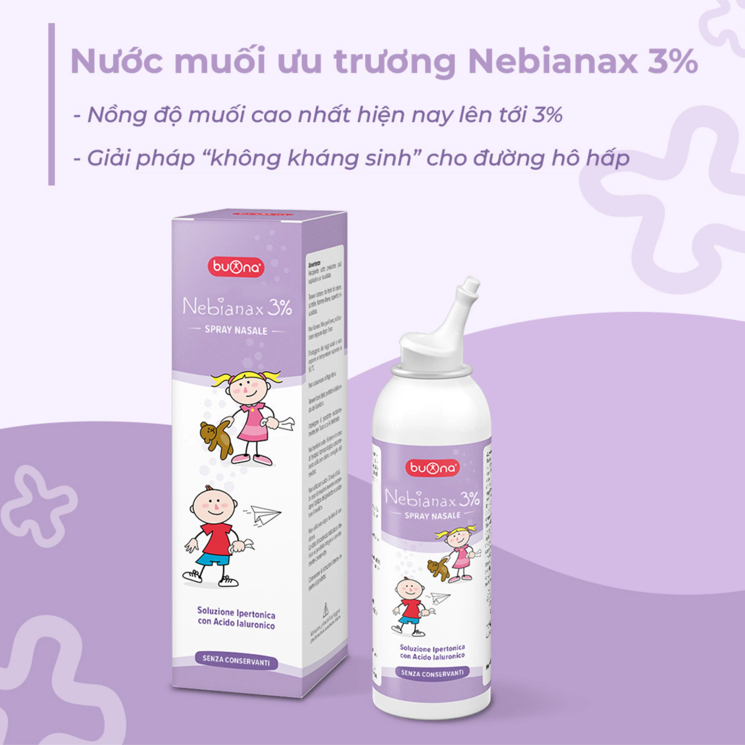 Xịt mũi Buona Nebianax 3% 100ml giúp làm sạch đường mũi, kháng khuẩn, giảm viêm