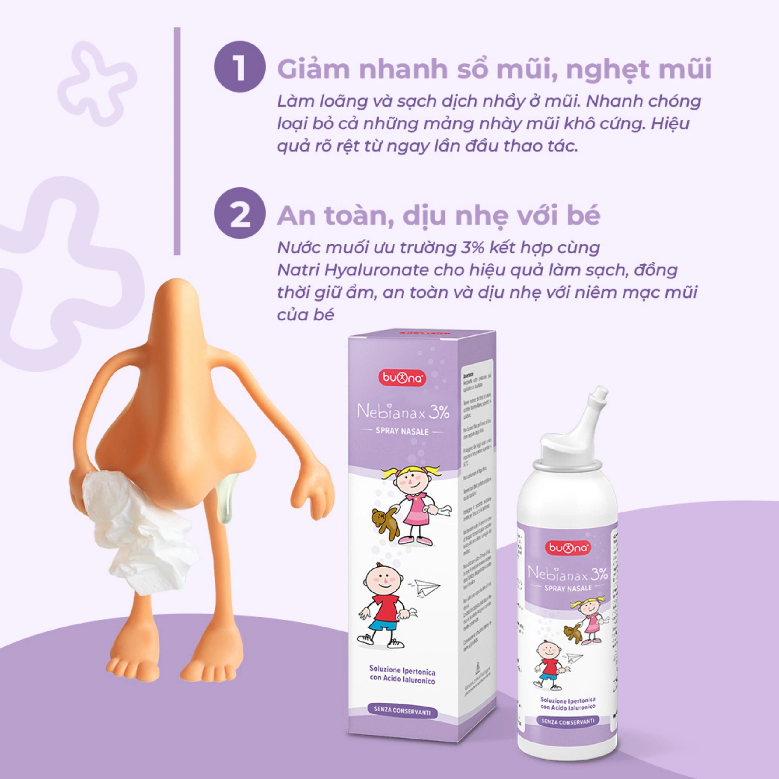 Xịt mũi Buona Nebianax 3% 100ml giúp làm sạch đường mũi, kháng khuẩn, giảm viêm