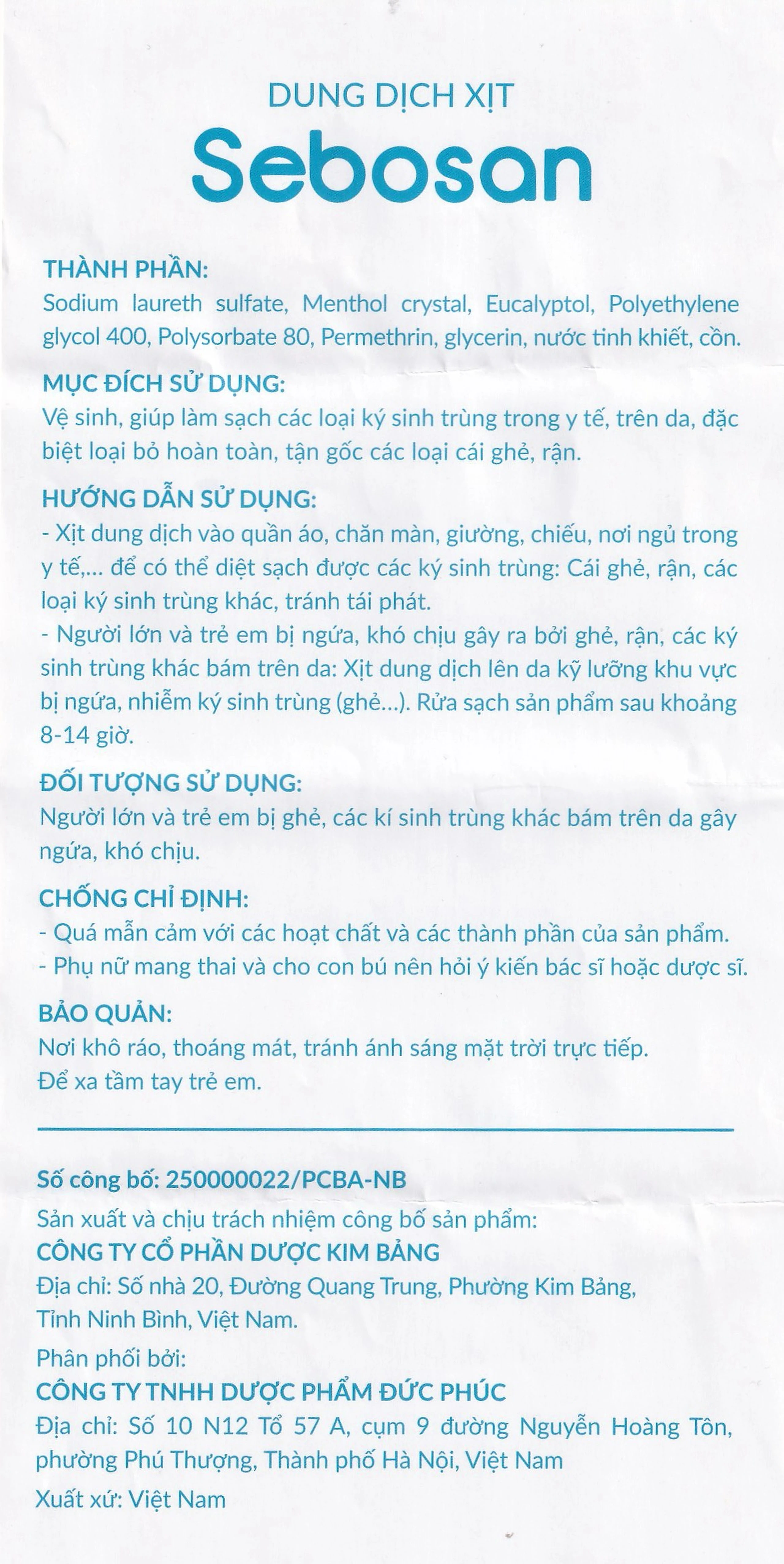 Xịt ngoài da làm sạch ký sinh trùng 100ml Sebosan Đức Phúc 