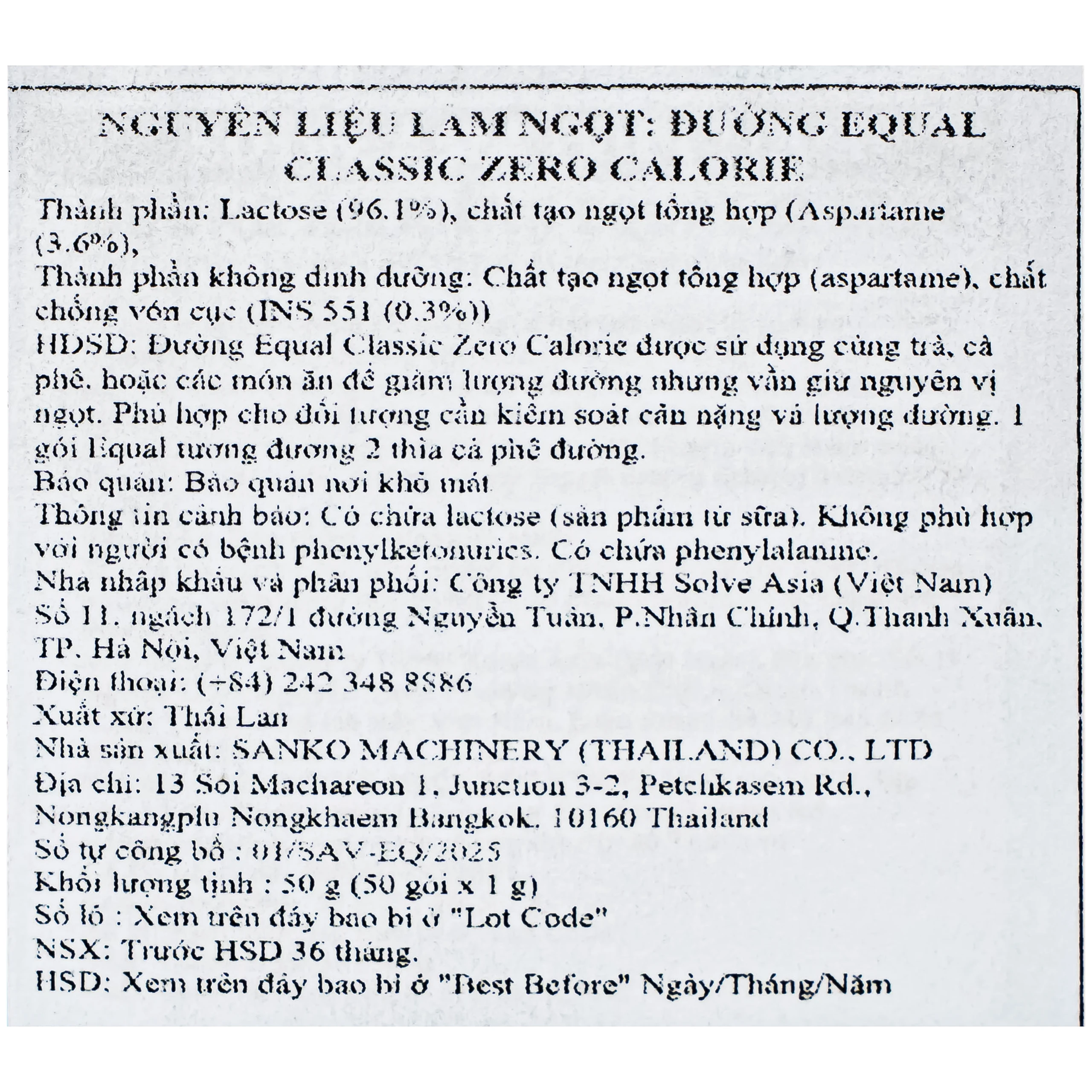 Nguyên liệu làm ngọt: Đường Equal Classic Zero Calorie (50 gói x 1G)