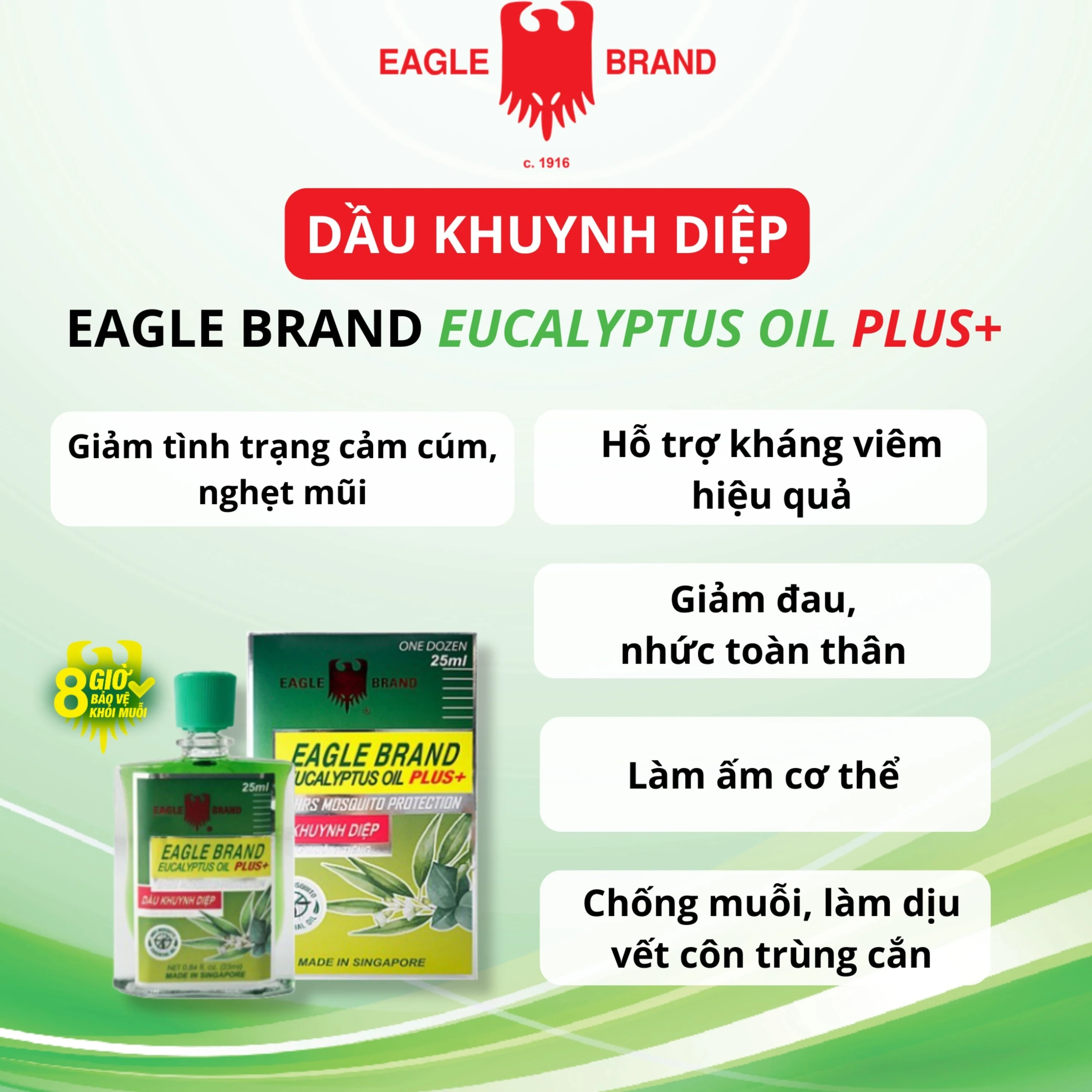 Dầu gió khuynh diệp Eagle Brand 25ml Eucalyptus Oil Plus+ chống muỗi 8 tiếng, dùng được cho trẻ sơ sinh