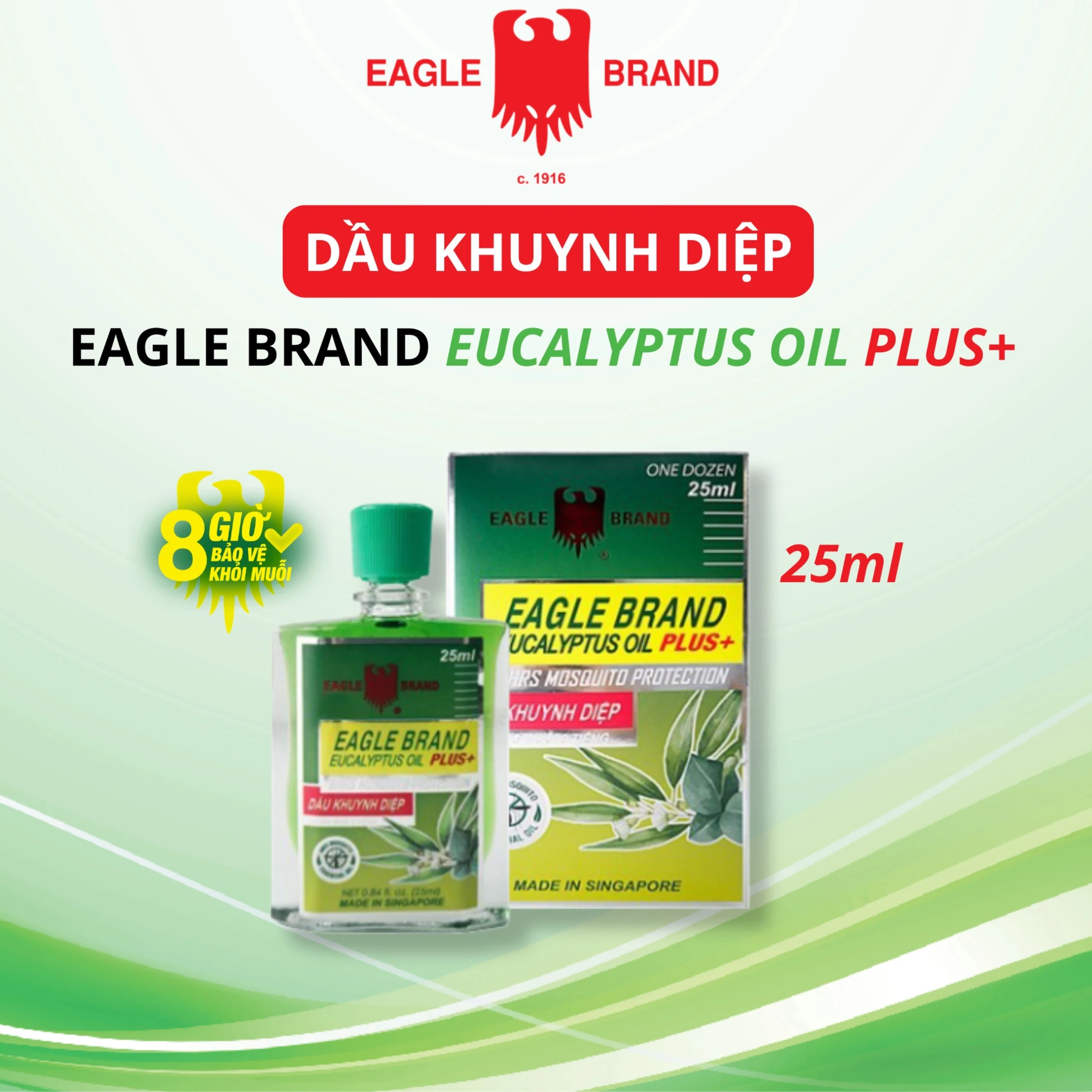 Dầu gió khuynh diệp Eagle Brand 25ml Eucalyptus Oil Plus+ chống muỗi 8 tiếng, dùng được cho trẻ sơ sinh