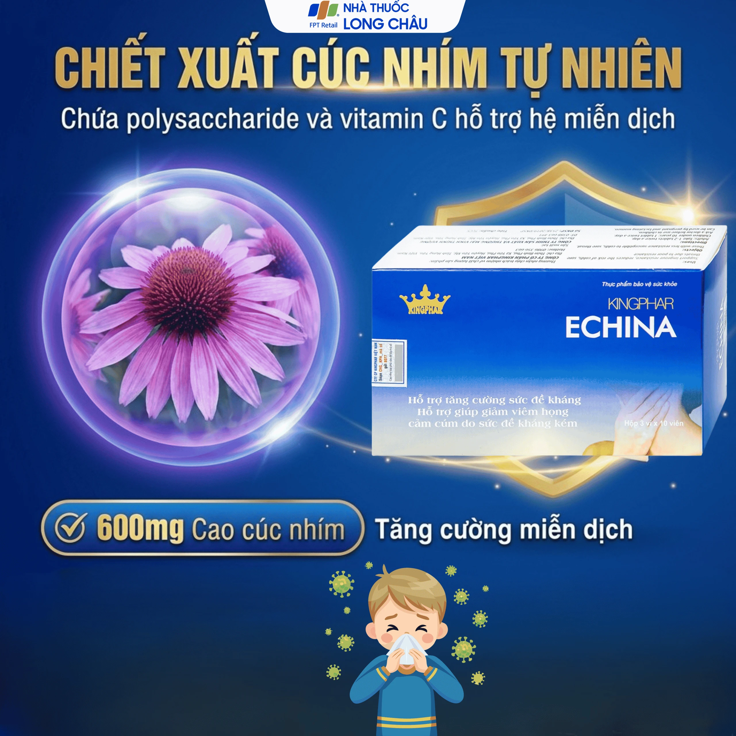 Viên uống hỗ trợ tăng cường sức đề kháng, giúp giảm nguy cơ cảm cúm, viêm họng Echina Kingphar (3 vỉ x 10 viên) 3