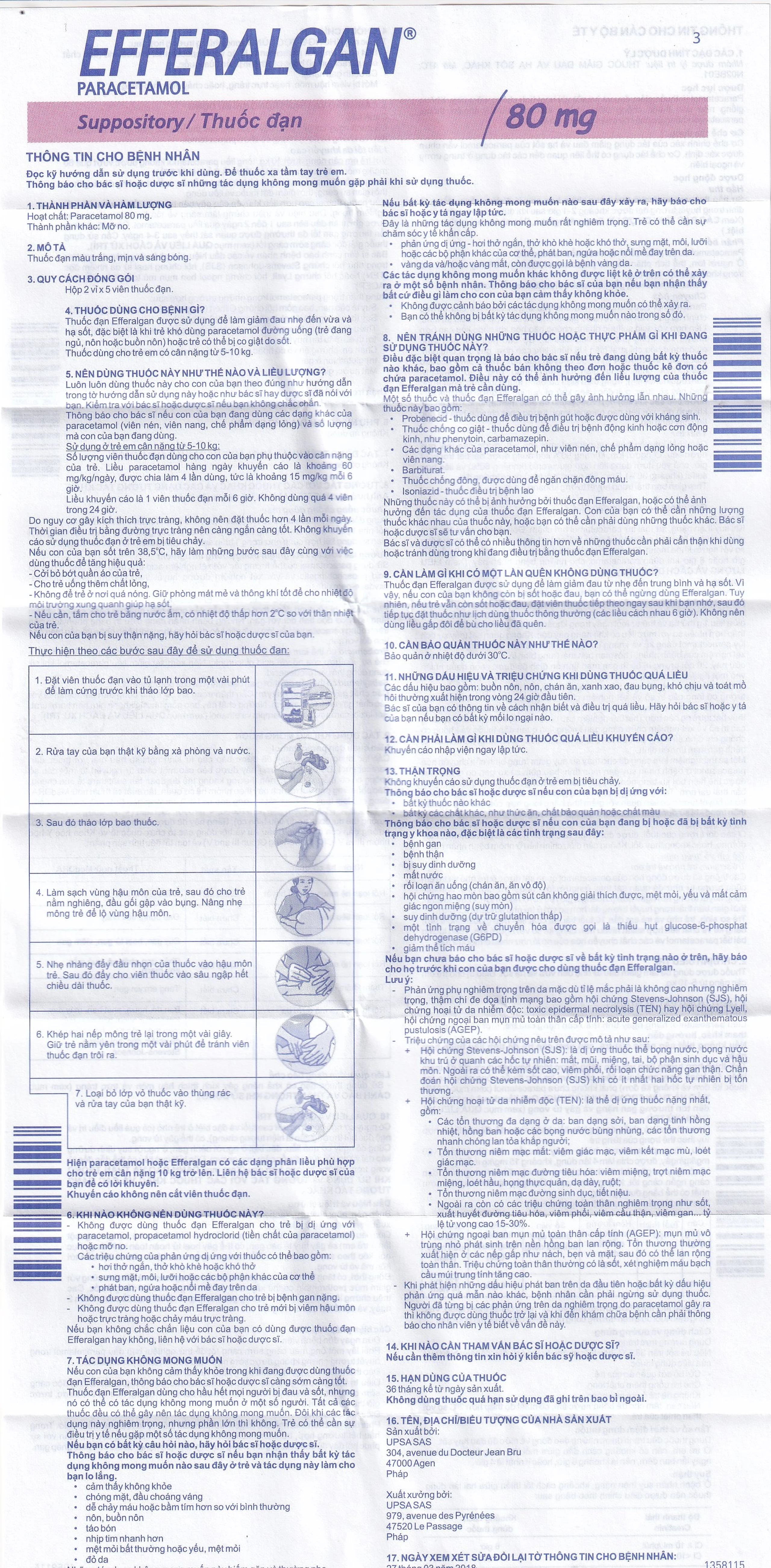 Thuốc đạn Efferalgan 80mg UPSA SAS giảm đau, hạ sốt (2 vỉ x 5 viên)
