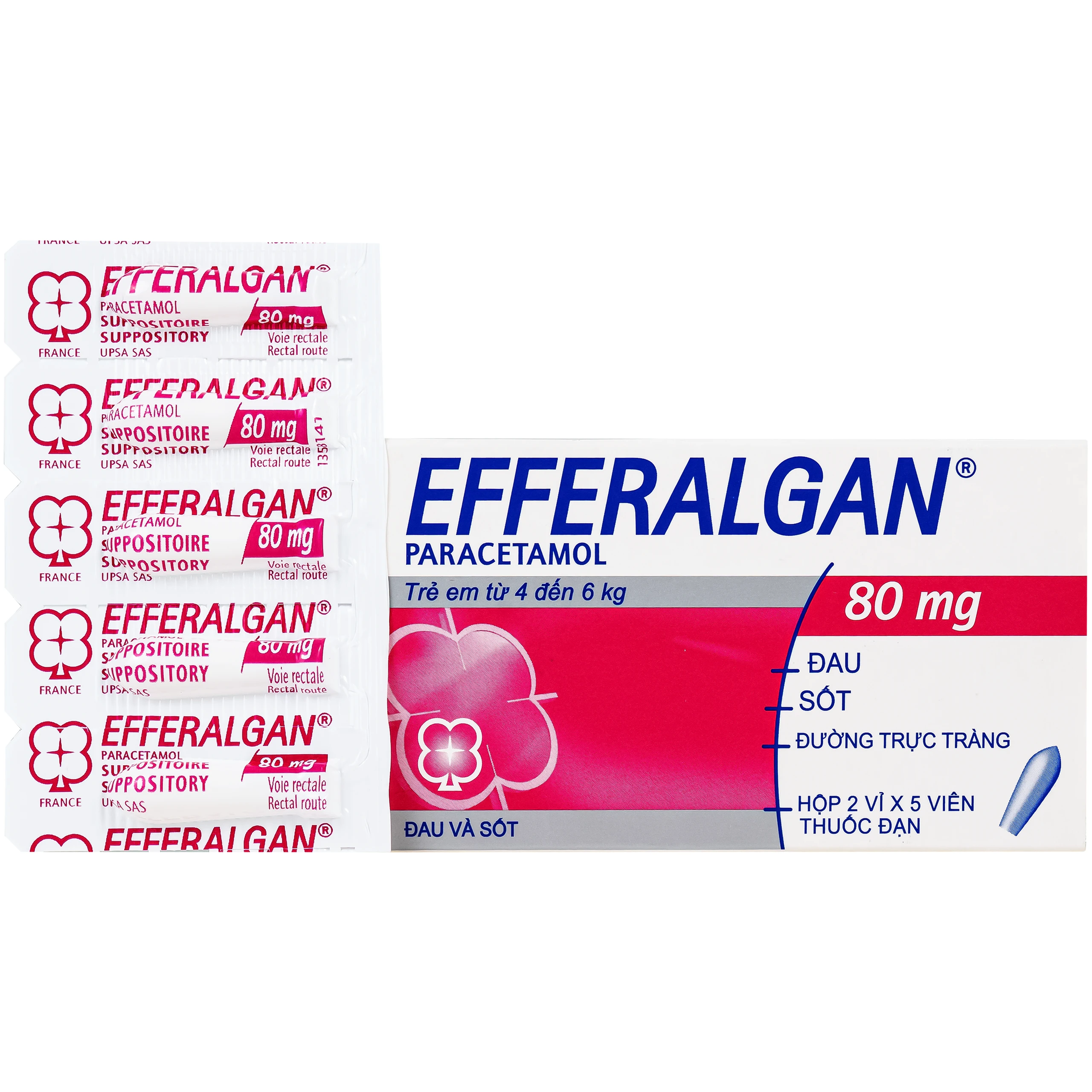 Thuốc đạn Efferalgan 80mg UPSA SAS giảm đau, hạ sốt (2 vỉ x 5 viên) 1