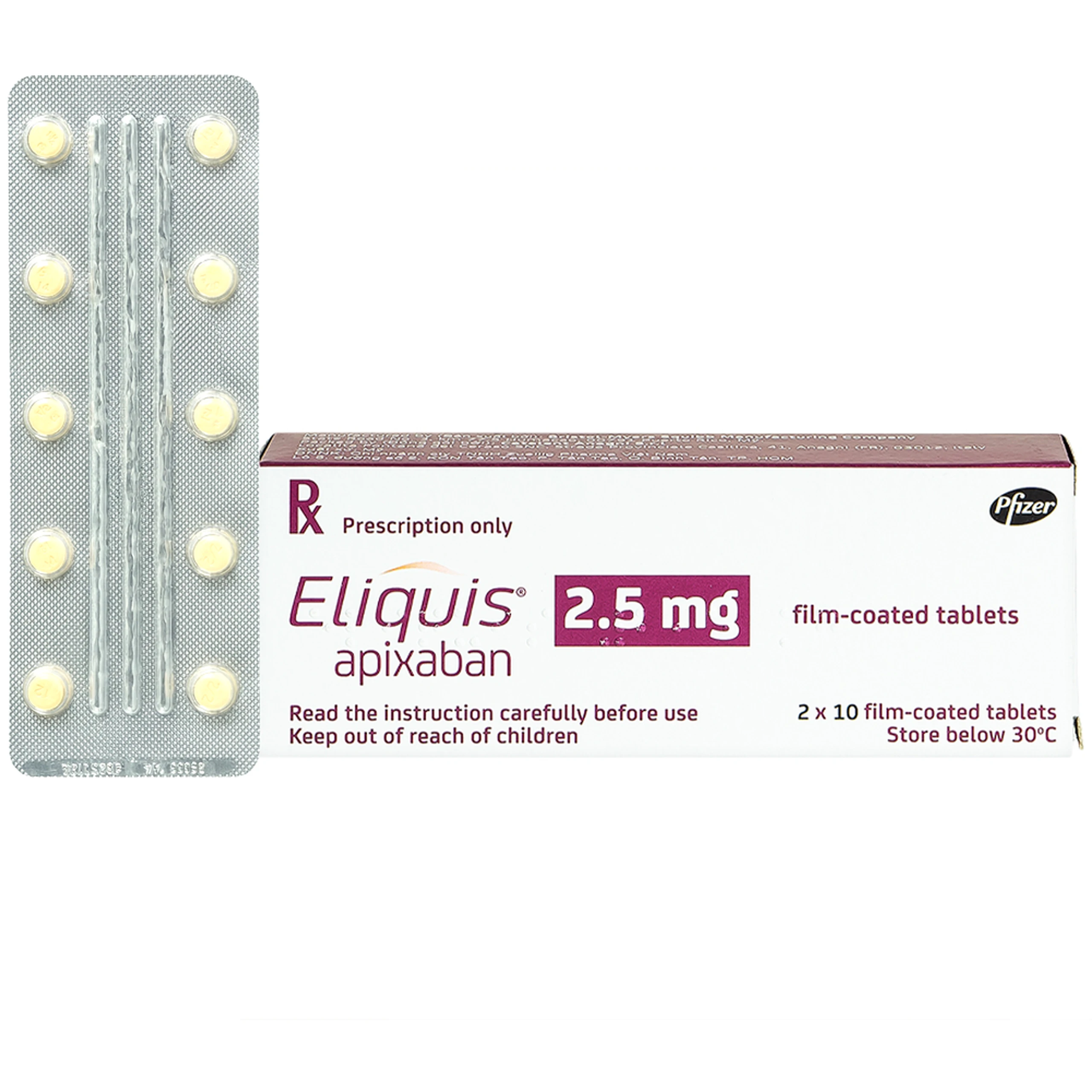 Thuốc Eliquis 2.5mg Pfizer phòng ngừa biến cố thuyên tắc huyết khối tĩnh mạch, đột quỵ (20 viên)