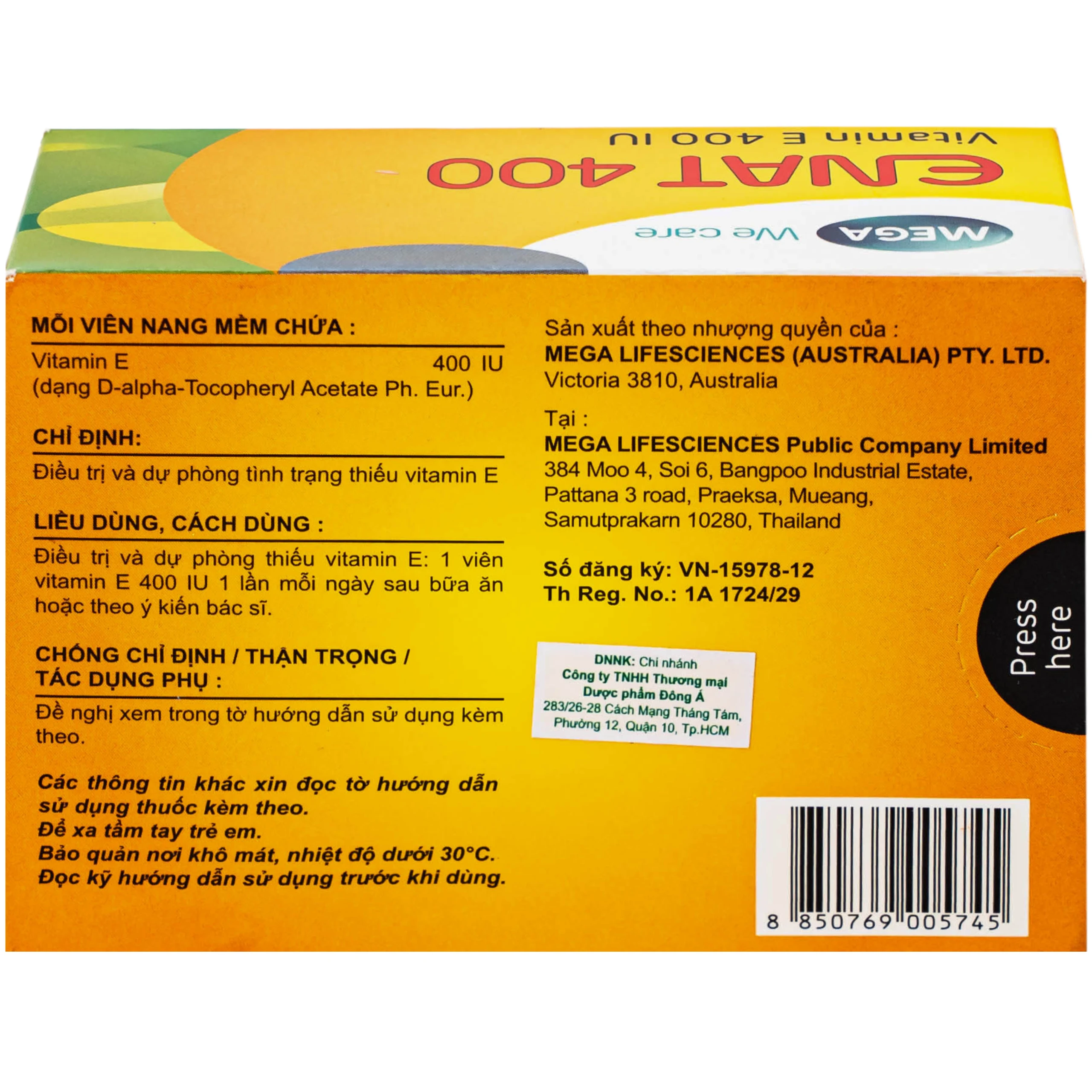 Thuốc Enat 400 MEGA We care điều trị và dự phòng tình trạng thiếu Vitamin E (3 vỉ x 10 viên)