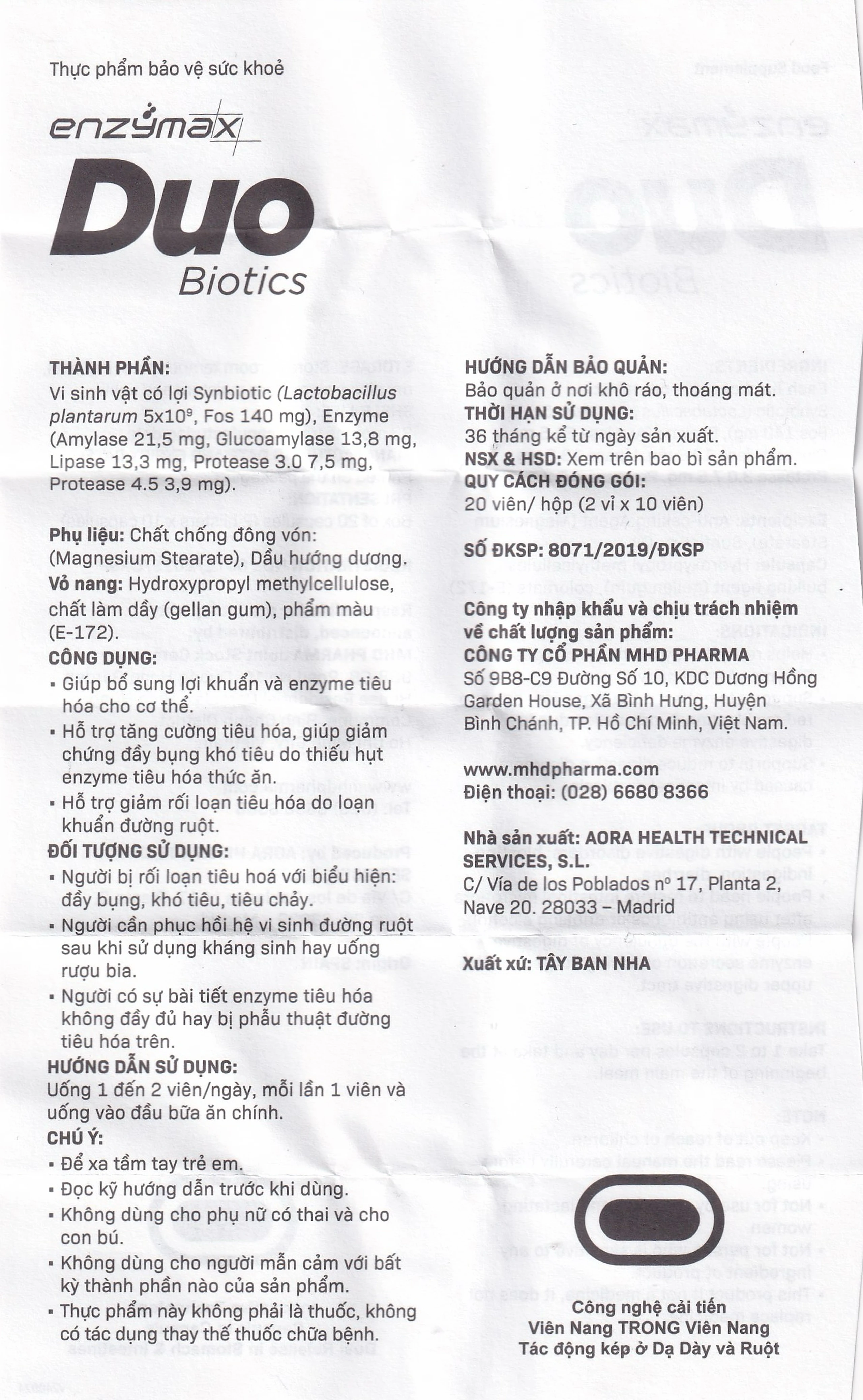 Viên hỗ trợ tăng cường tiêu hóa Enzymax Duo Biotics MHD (2 vỉ x 10 viên)