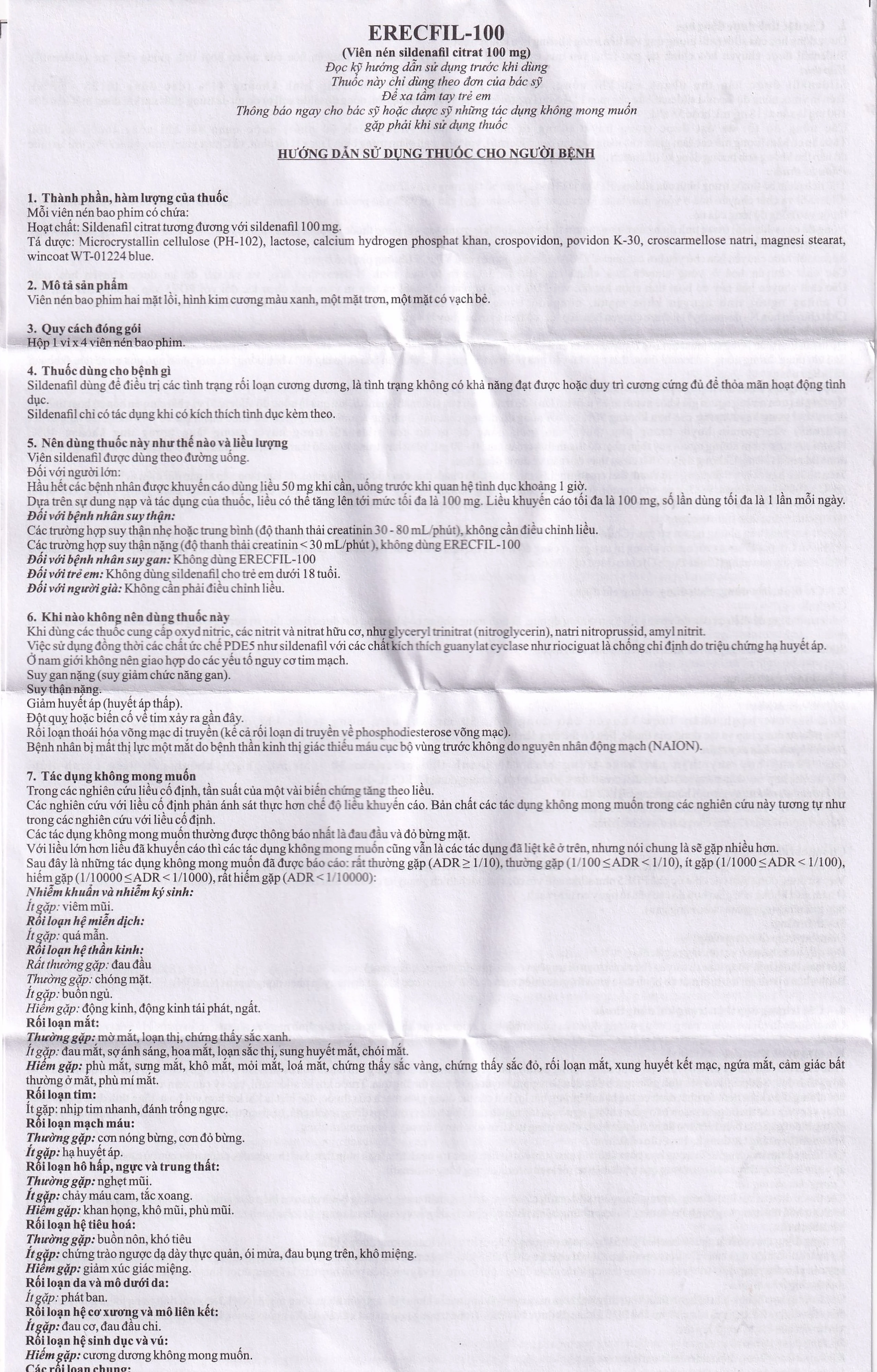 Thuốc Erecfil-100 Sildenafil Citrate điều trị rối loạn cương dương (1 vỉ x 4 viên)