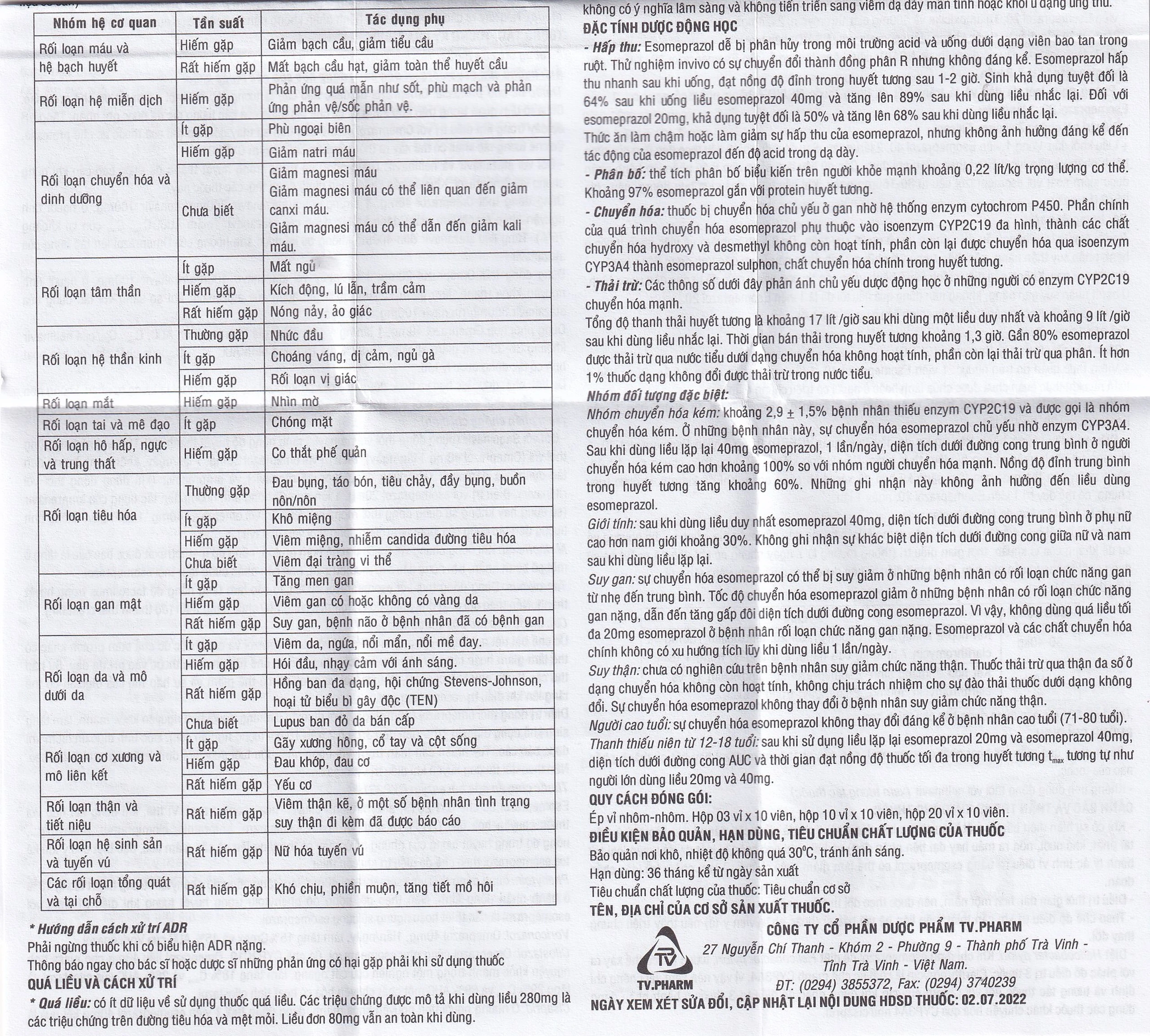 Thuốc Esomeprazol 40 Tv.Pharm điều trị loét dạ dày, trào ngược dạ dày, thực quản (3 vỉ x 10 viên)