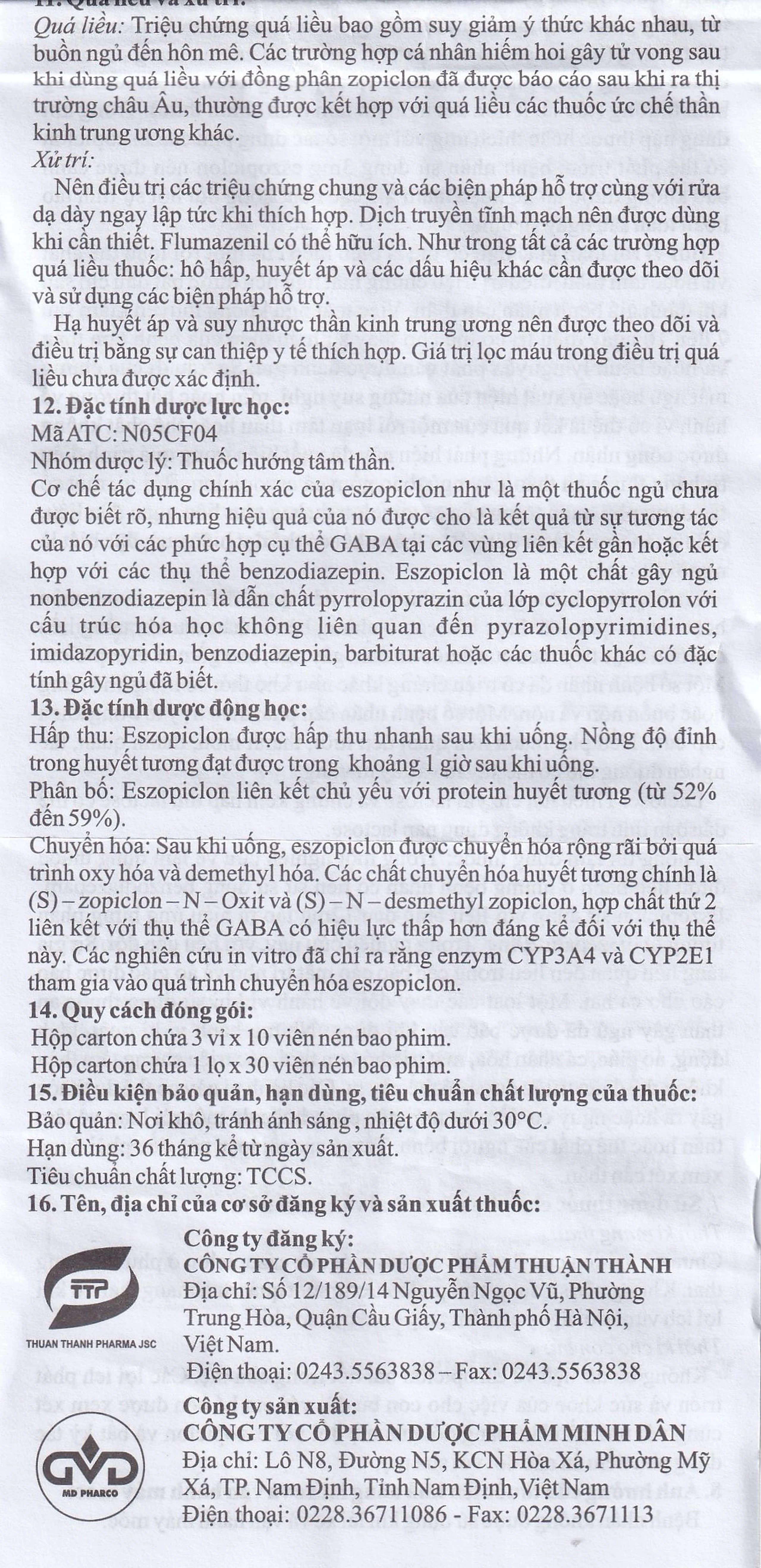 Thuốc Eszopiclone 2mg Minh Dân điều trị chứng mất ngủ (3 vỉ x 10 viên)