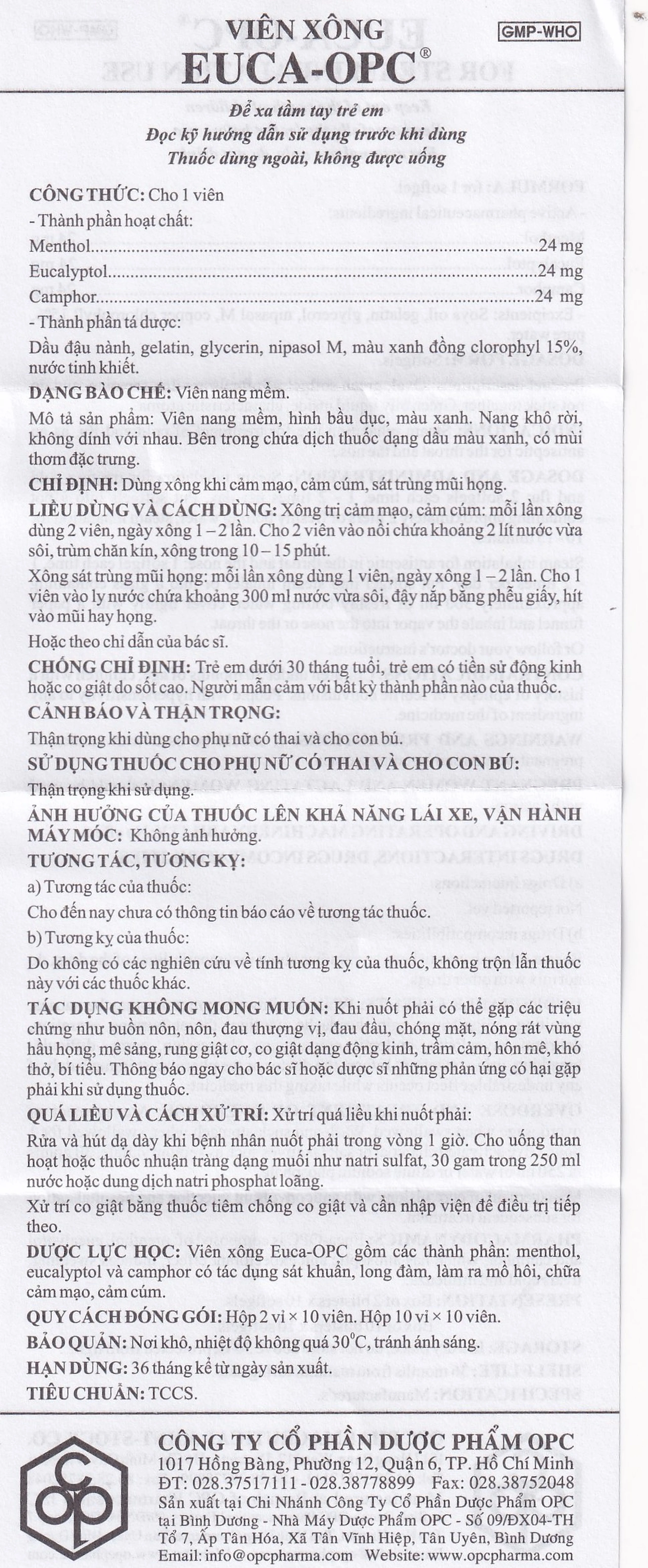 Viên xông Euca-OPC điều trị cảm mạo, cảm cúm, sát trùng mũi họng (2 vỉ x 10 viên)