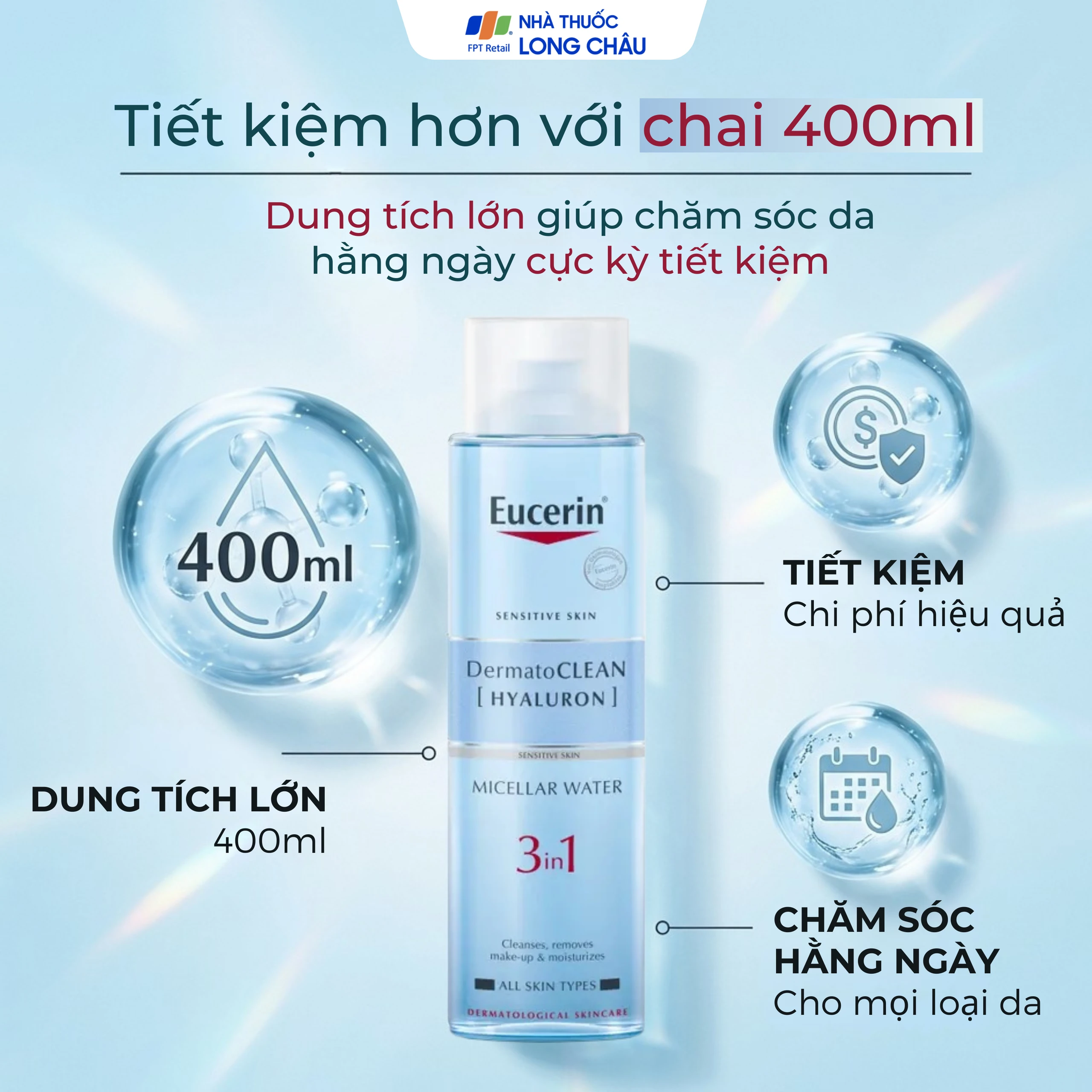 Nước tẩy trang Eucerin Dermato Clean Micellar 3 in 1 dành cho da nhạy cảm (400ml)
