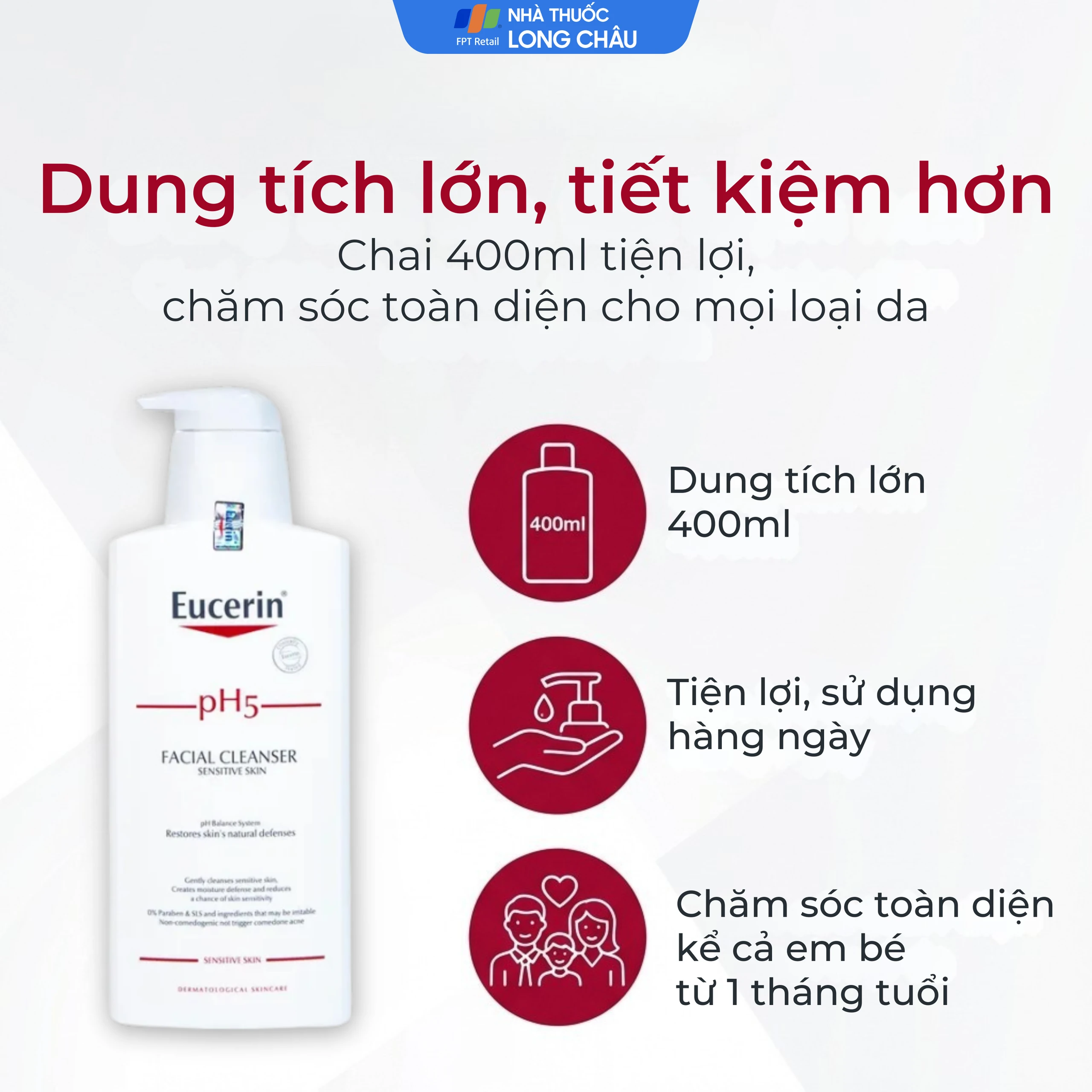 Sữa rửa mặt Eucerin pH5 Facial Cleanser Sensitive Skin làm sạch sâu cho da nhạy cảm (400ml)
