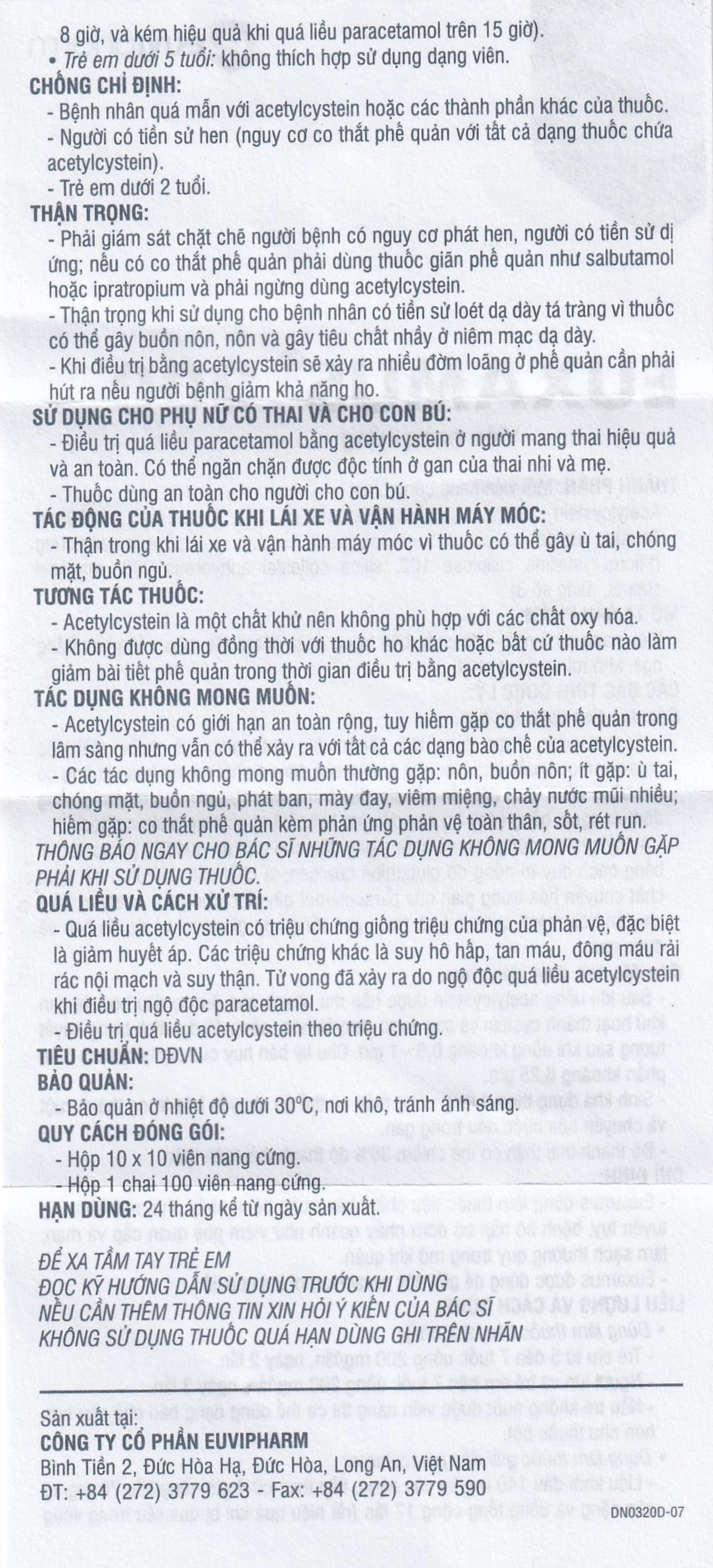 Thuốc Euxamus 200mg Euvipharm tiêu chất nhầy trong bệnh nhầy nhớt (10 vỉ x 10 viên)