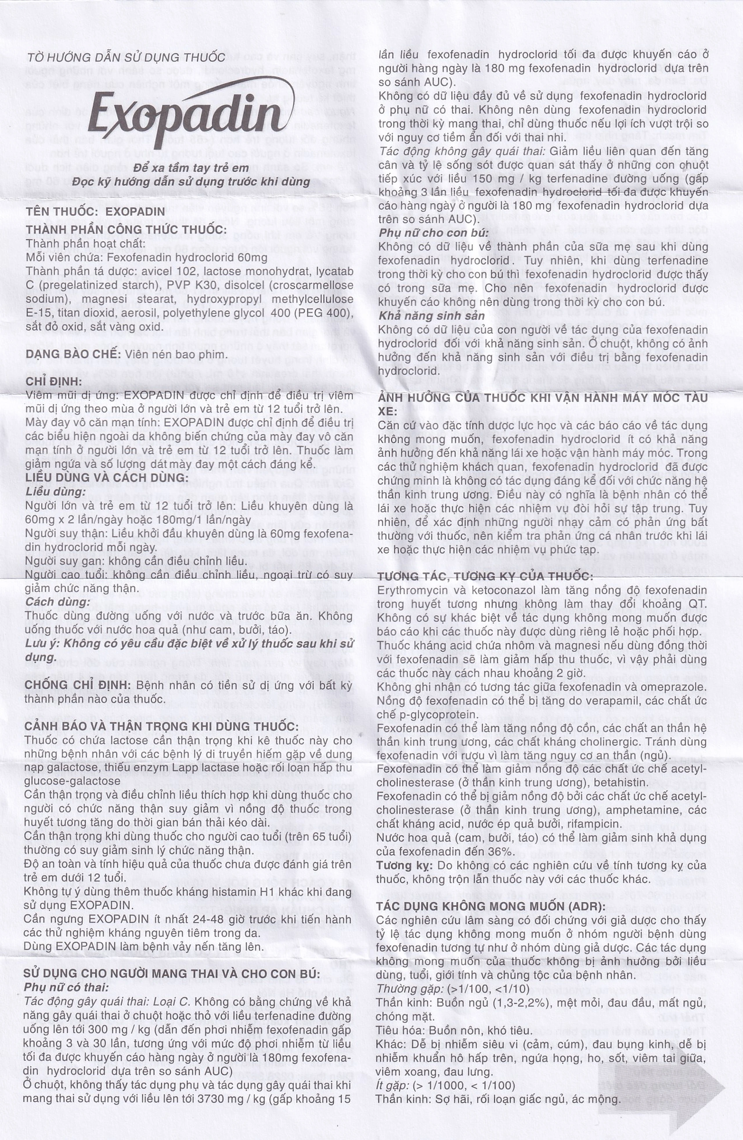 Thuốc Exopadin 60mg Trường Thọ điều trị viêm mũi dị ứng, mày đay (3 vỉ x 10 viên) 