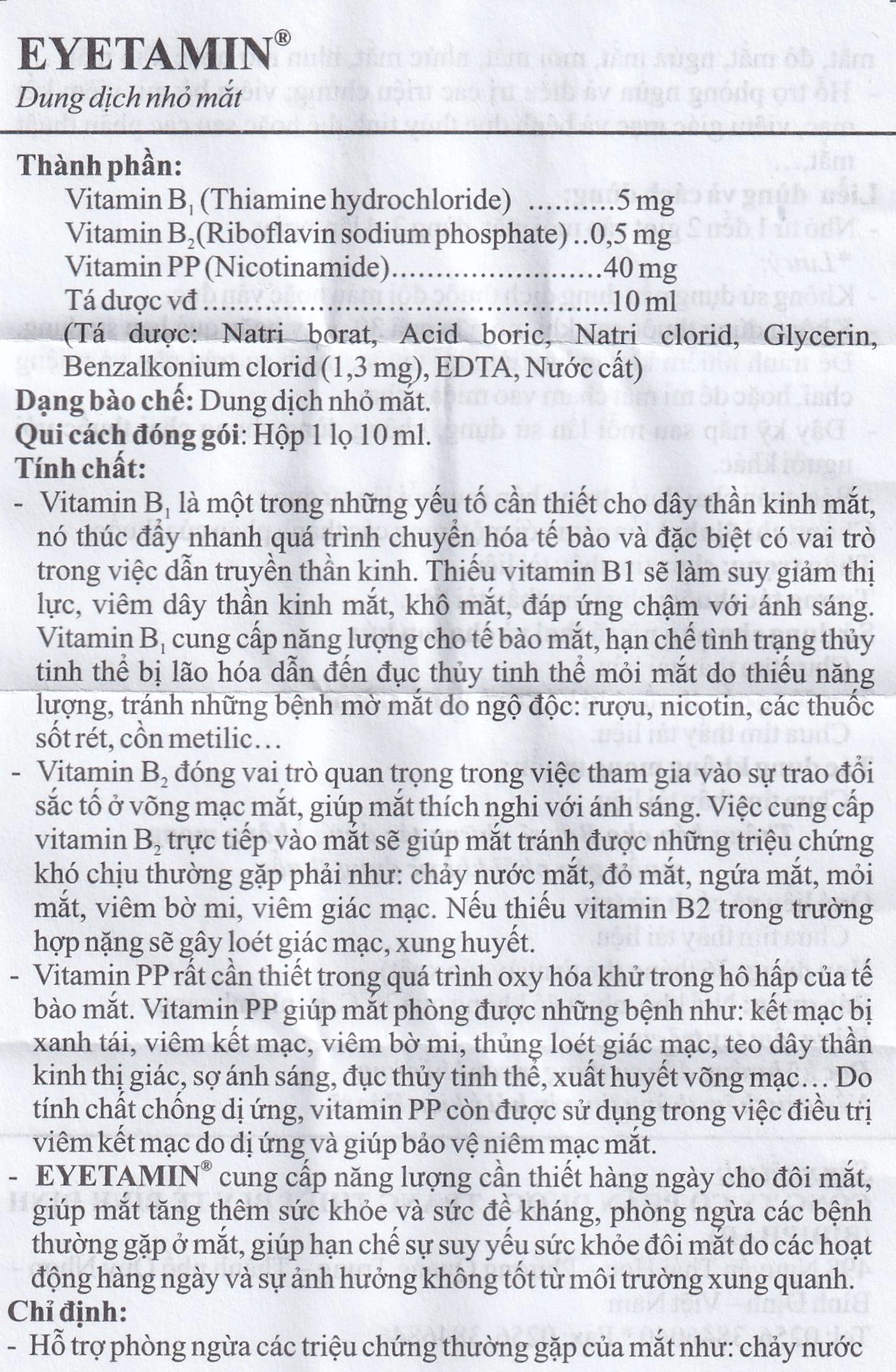Dung dịch nhỏ mắt Eyetamin 10ml Bidiphar hỗ trợ phòng ngừa các triệu chứng chảy nước mắt, đỏ mắt 