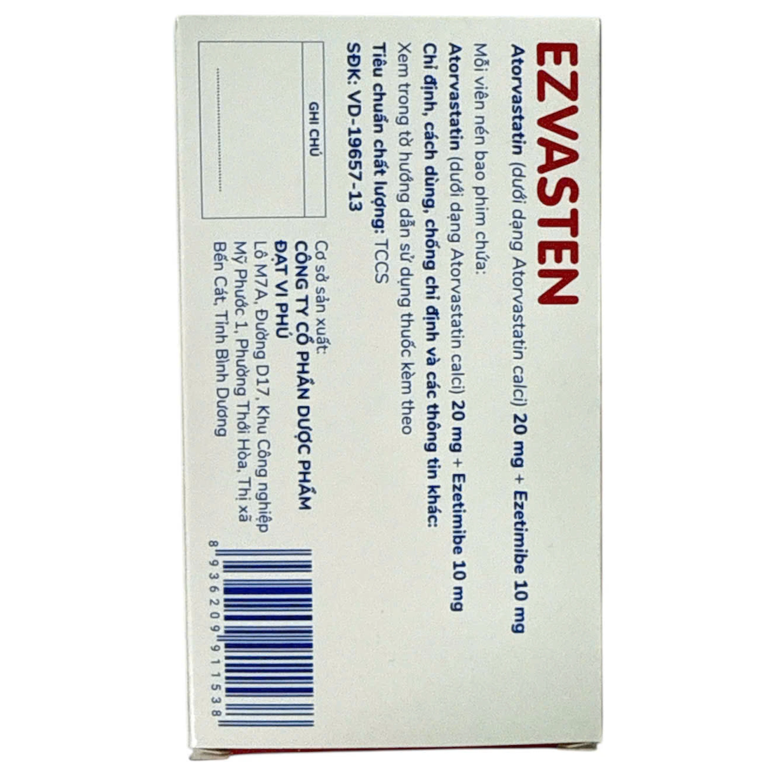 Thuốc Ezvasten Davipharm điều trị tăng cholesterol máu nguyên phát (4 vỉ x 7 viên)