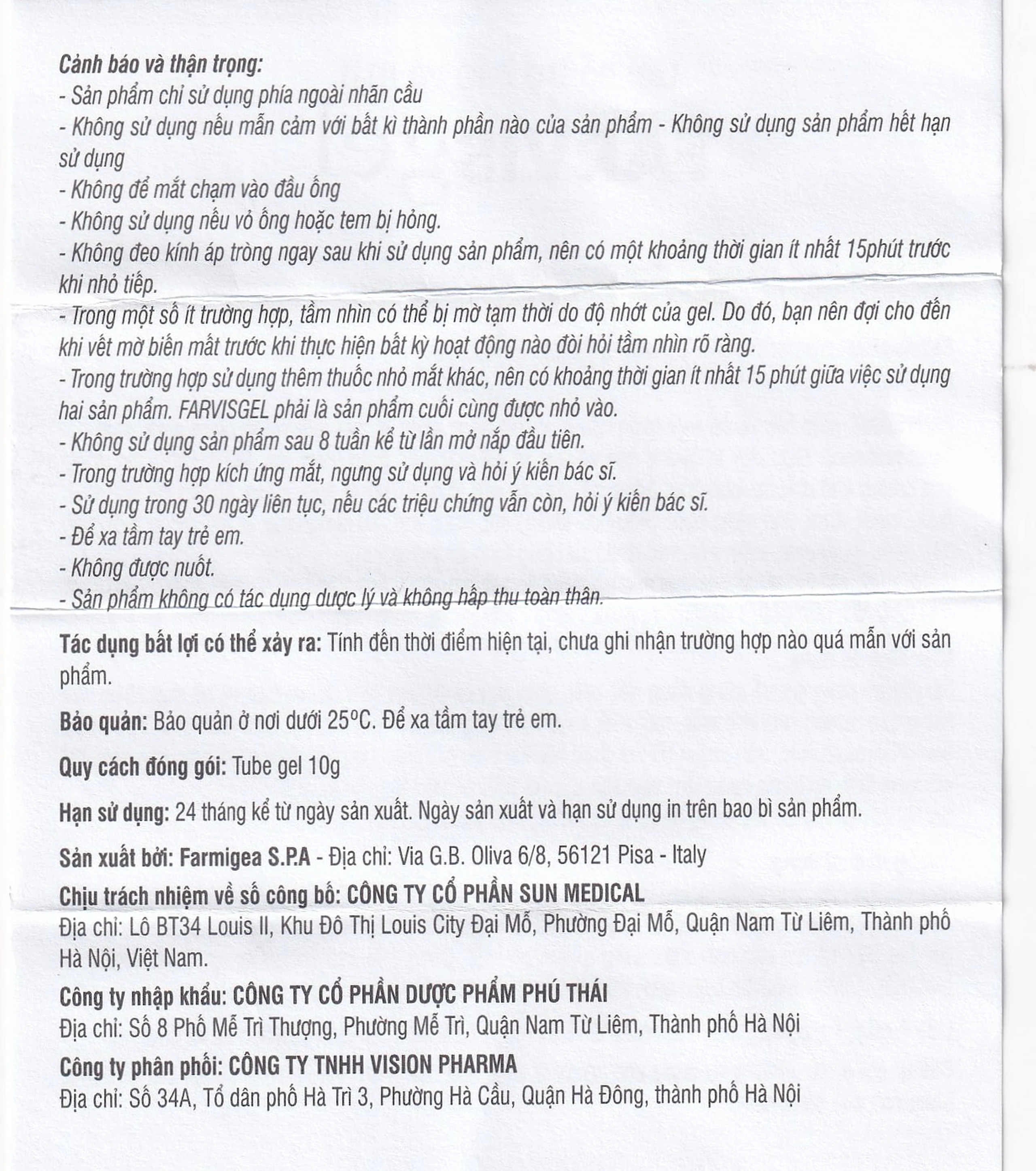 Gel dưỡng mắt, làm dịu và giảm khô mắt Favisgel Vision Pharma10g