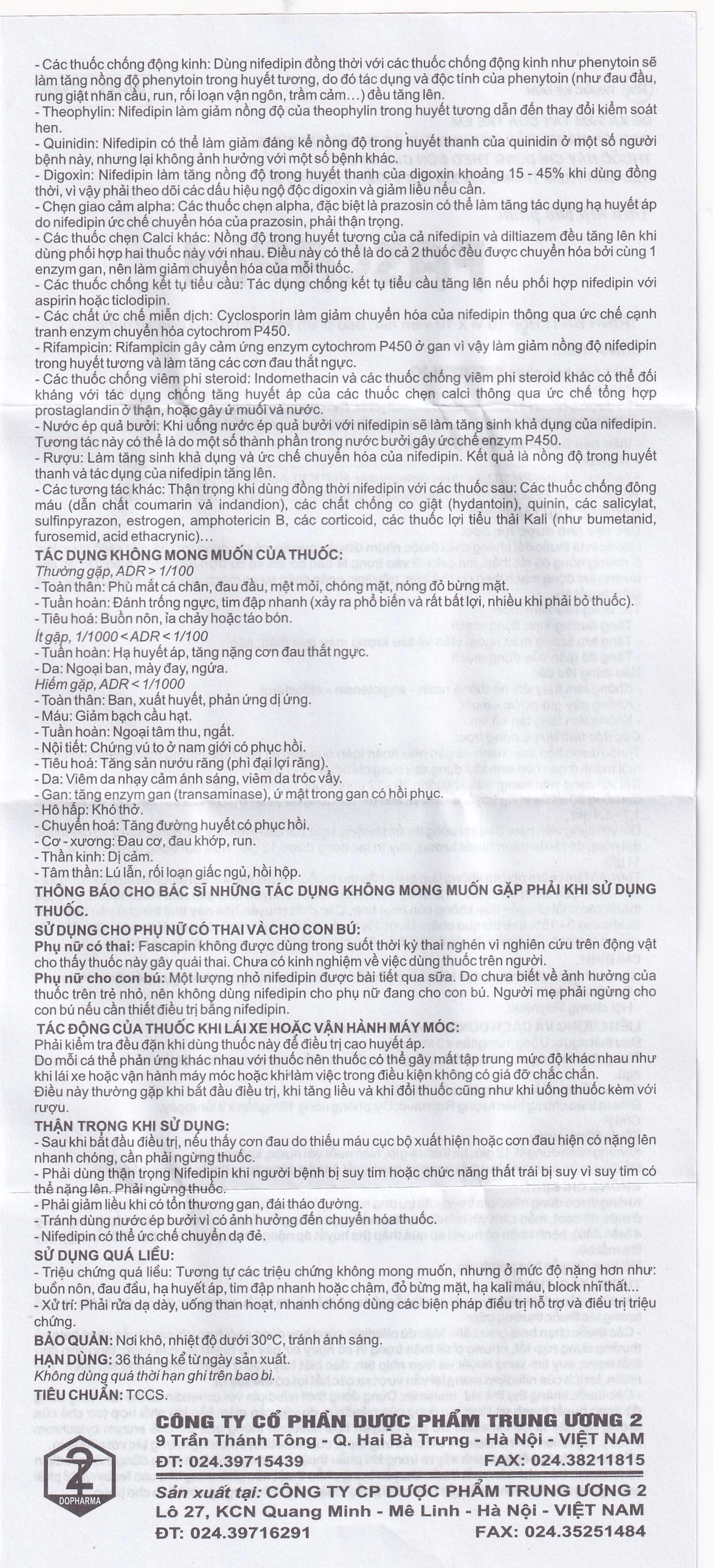 Thuốc Fascapin-10 Nifedipin Trung Ương 2 dự phòng đau thắt ngực, cao huyết áp (10 vỉ x 10 viên)