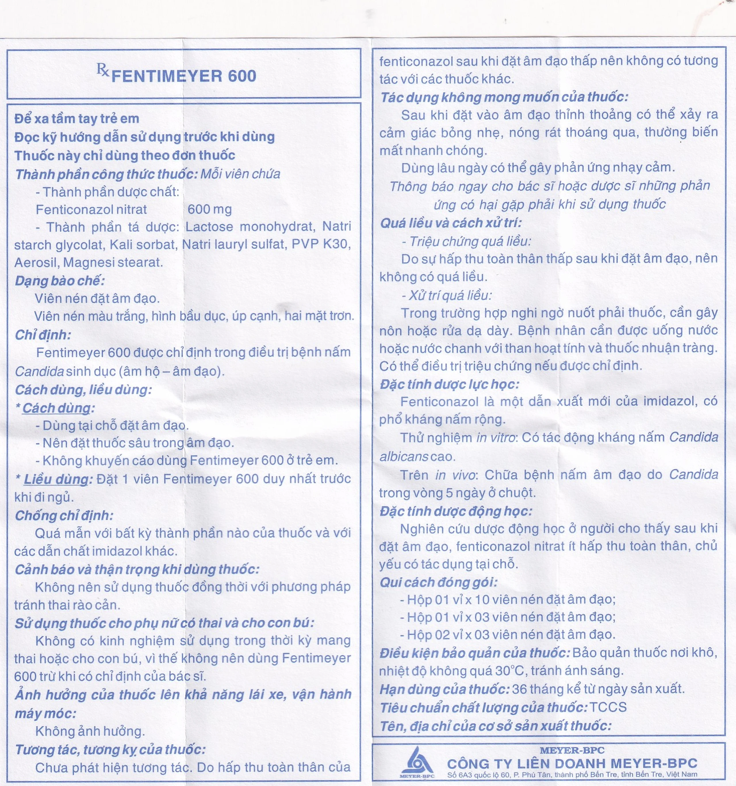 Viên đặt âm đạo Fentimeyer 600 Meyer-BPC điều trị bệnh nấm Candida sinh dục (1 vỉ x 3 viên)