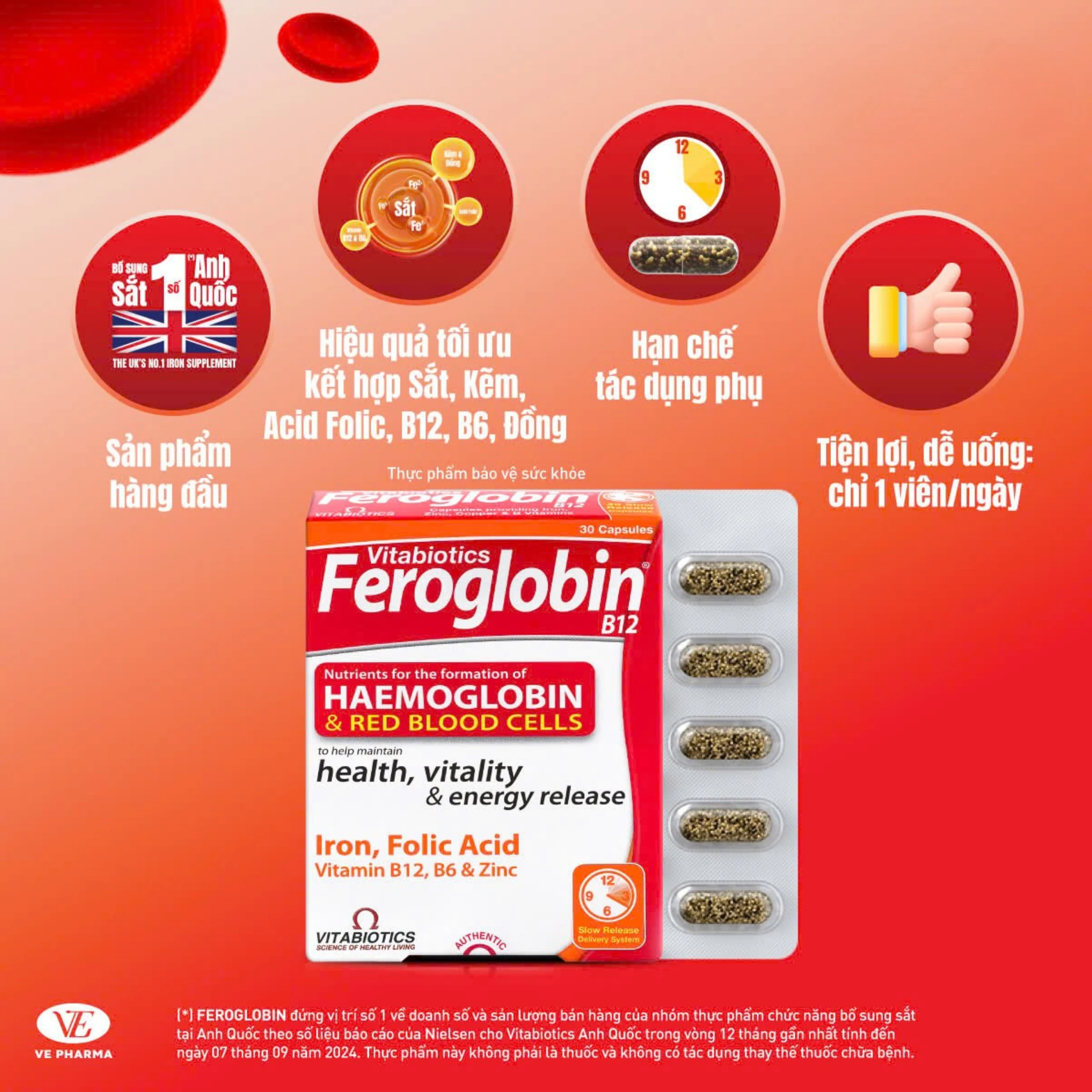 Viên uống hỗ trợ tăng khả năng tạo máu Vitabiotics Feroglobin B12 (30 viên)