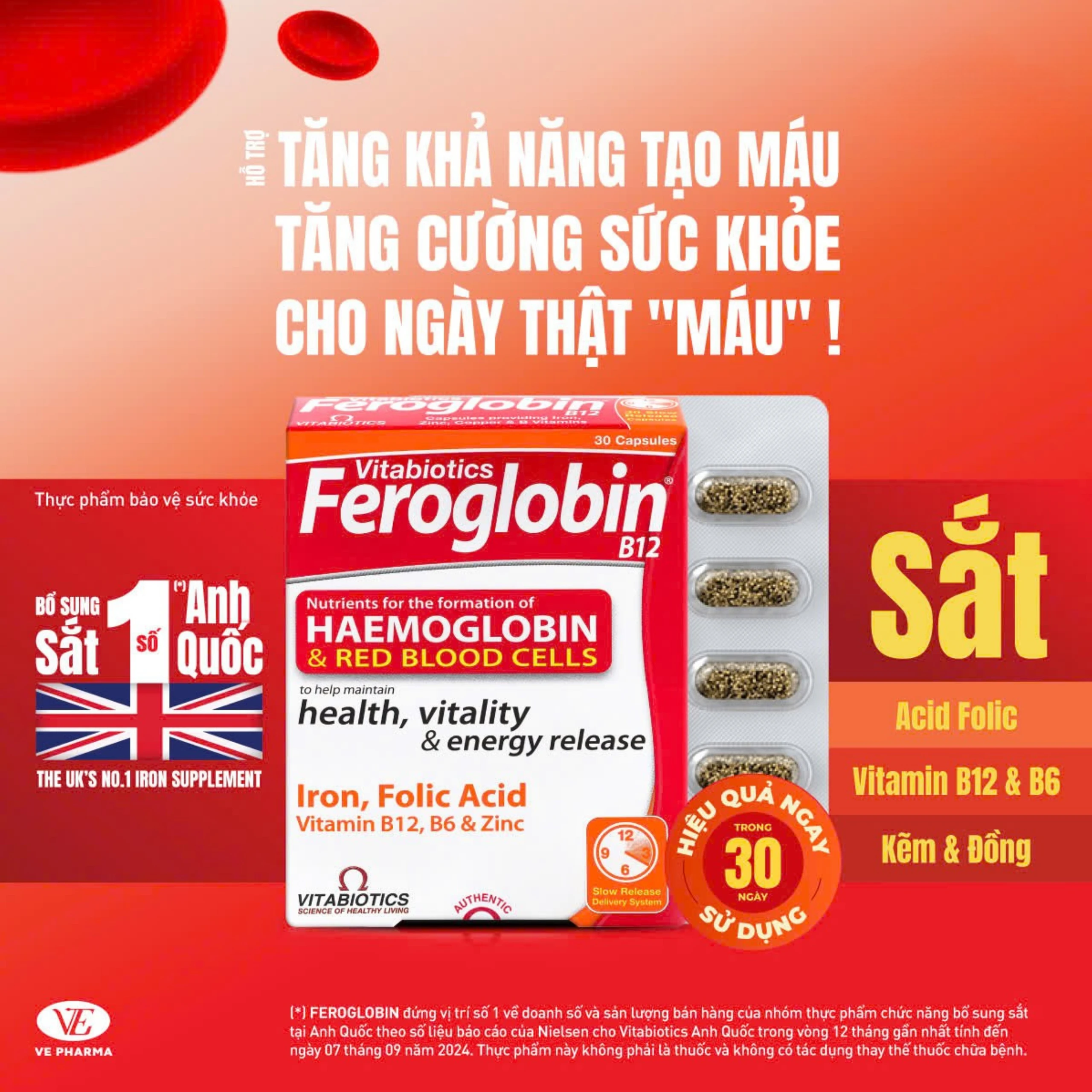 Viên uống hỗ trợ tăng khả năng tạo máu Vitabiotics Feroglobin B12 (30 viên)