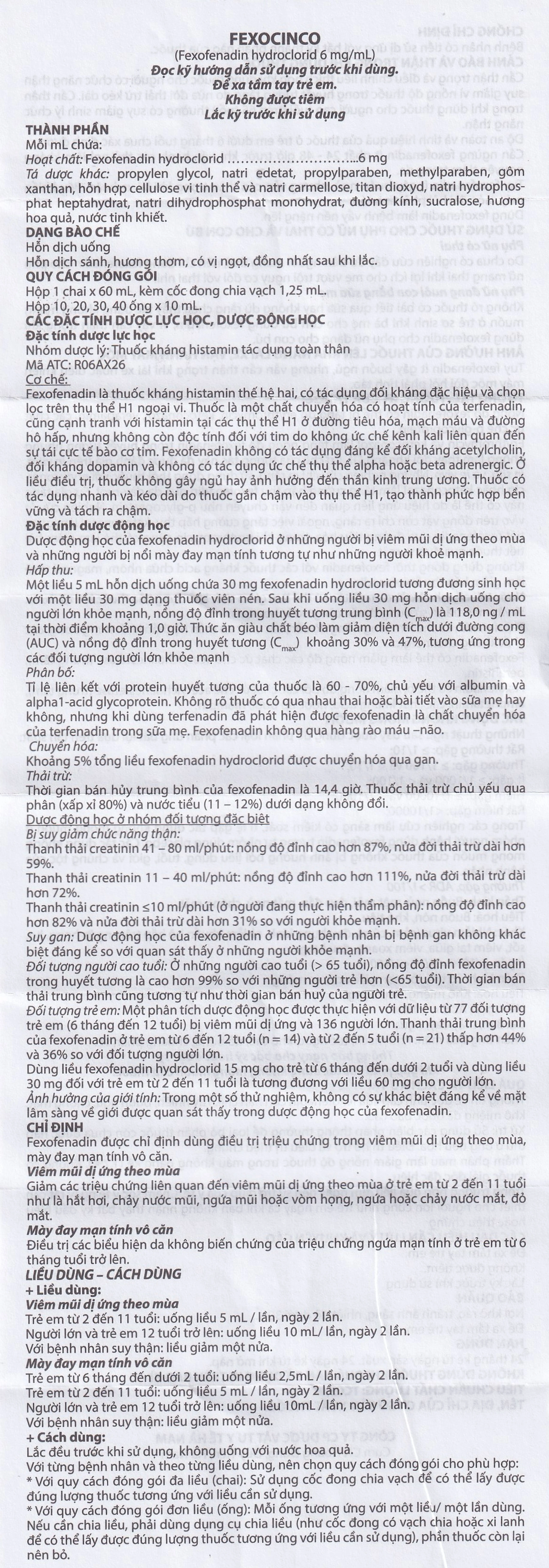 Thuốc Fexocinco 6mg Hà Nam điều trị triệu chứng viêm mũi dị ứng và mày đay mạn tính (20 ống x 10ml)