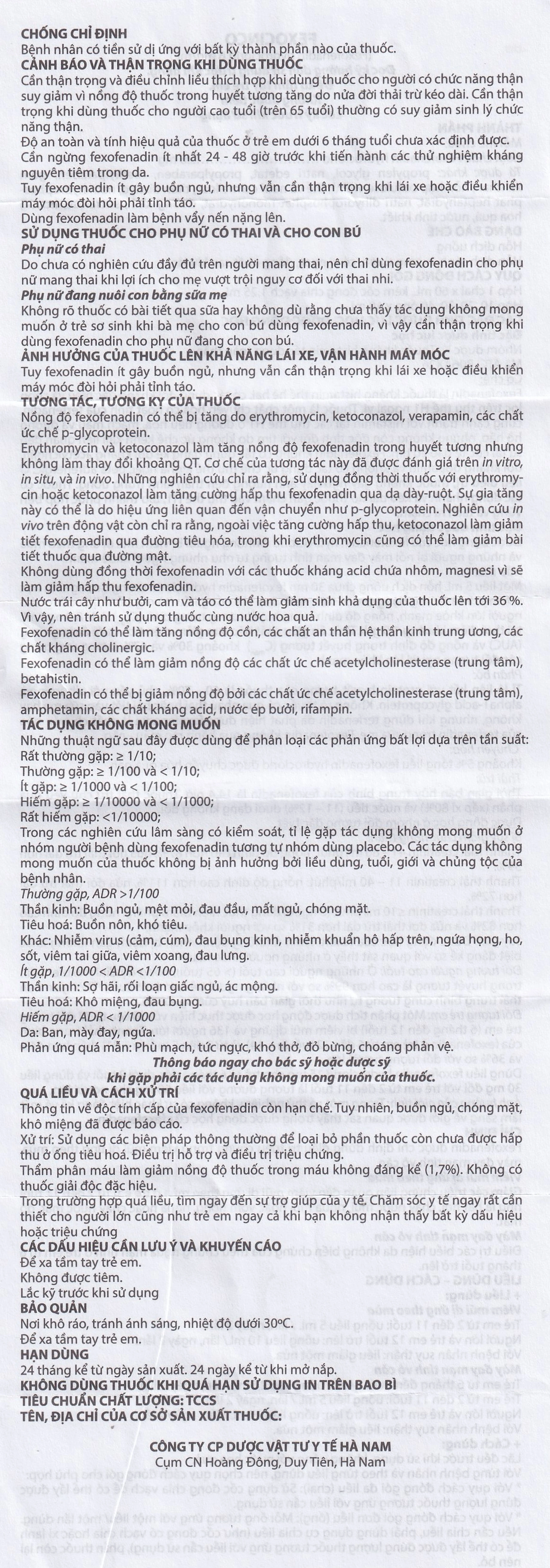 Thuốc Fexocinco 6mg Hà Nam điều trị triệu chứng viêm mũi dị ứng và mày đay mạn tính (20 ống x 10ml)