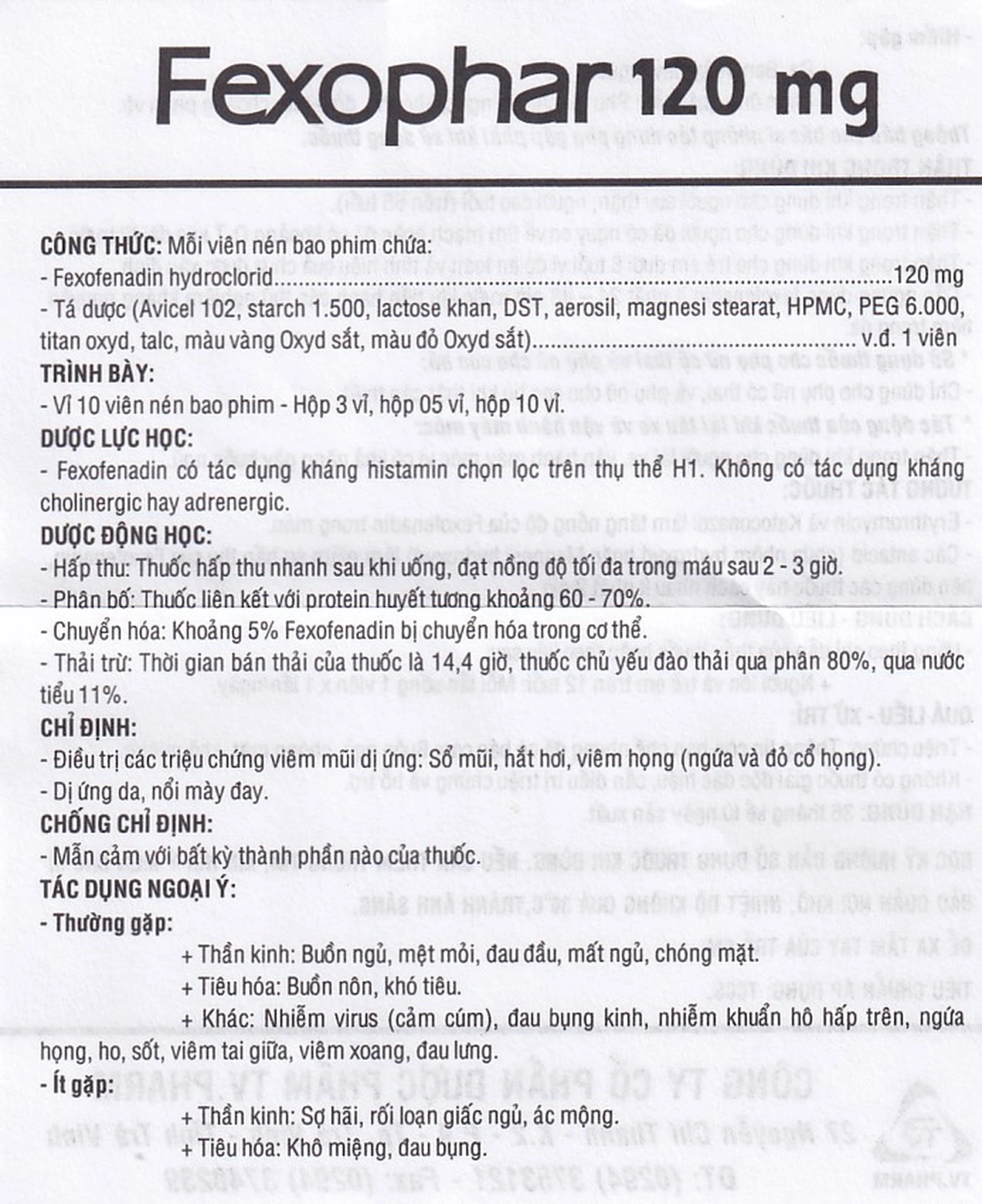 Thuốc Fexophar 120mg TV.Pharm điều trị triệu chứng viêm mũi dị ứng, sổ mũi, hắt hơi, dị ứng da (5 vỉ x 10 viên)