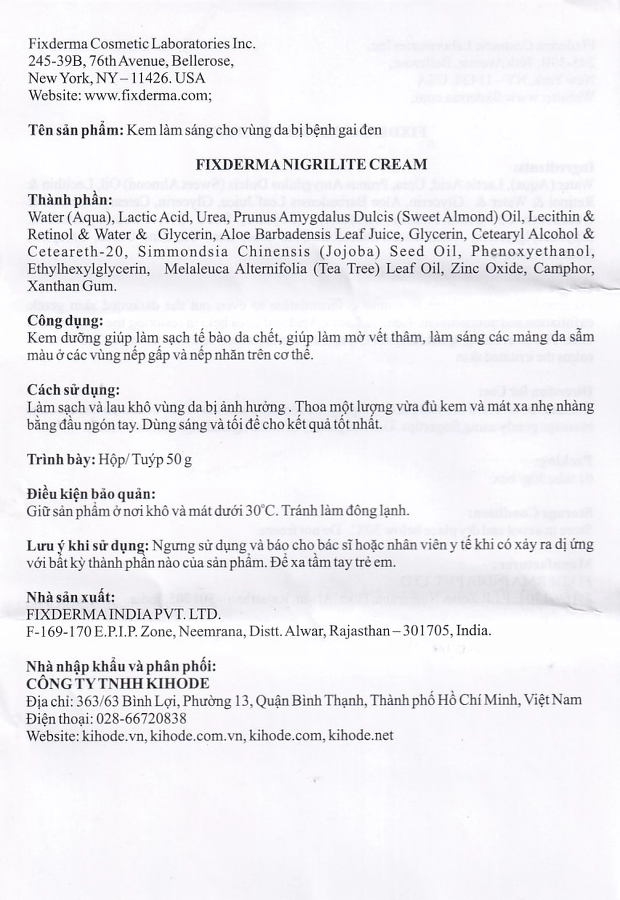 Kem bôi Fixderma Nigrilite làm mờ vết thâm cơ thể (50g)