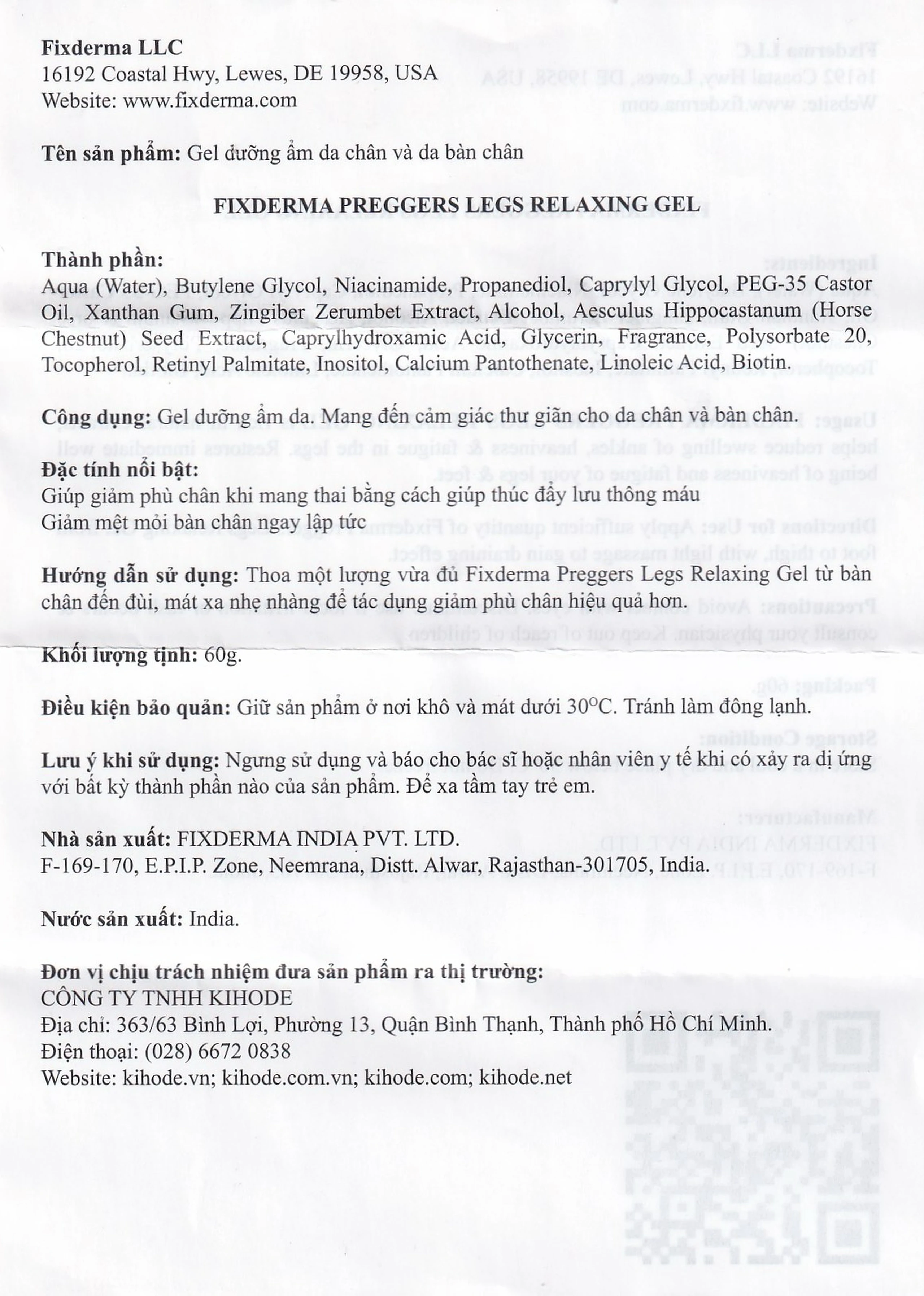 Gel dưỡng ẩm, ngừa giãn tĩnh mạch chân dành cho bà bầu Fixderma Preggers Leg Relaxing Gel 60g