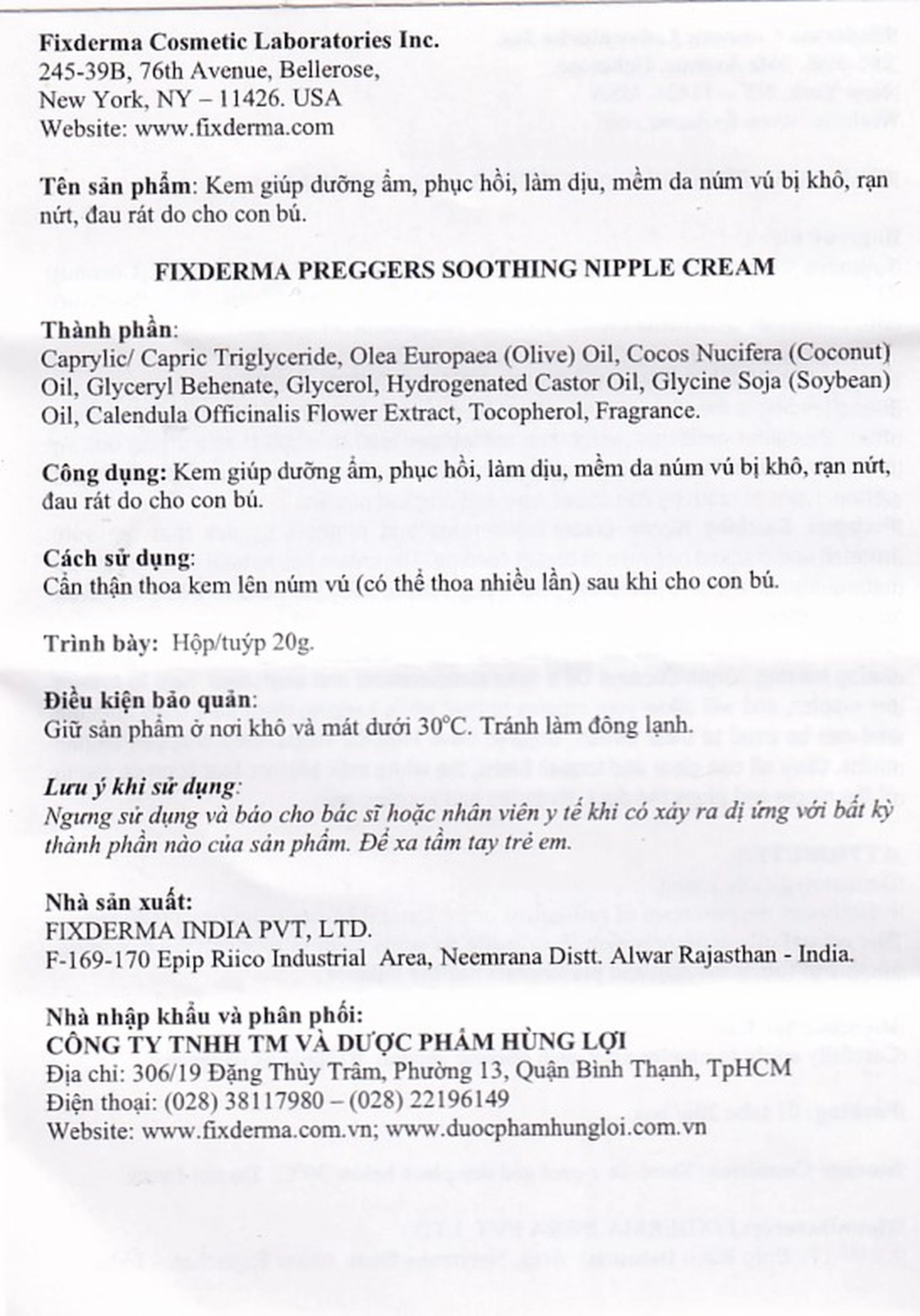 Kem bôi dưỡng ẩm, giảm nứt núm vú Fixderma Preggers Soothing Nipple cream 20g