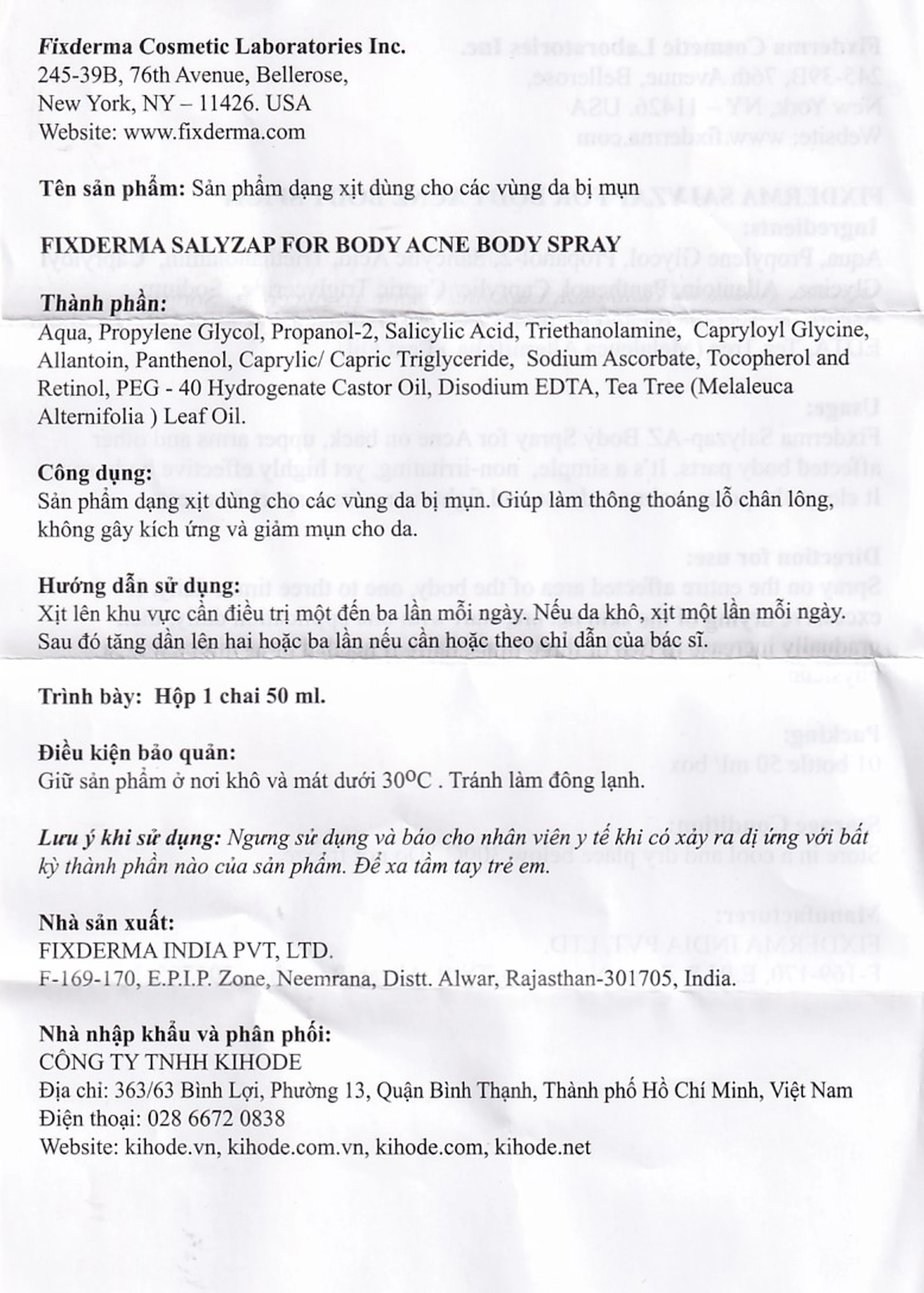 Xịt mụn lưng Fixderma Salyzap 50ml