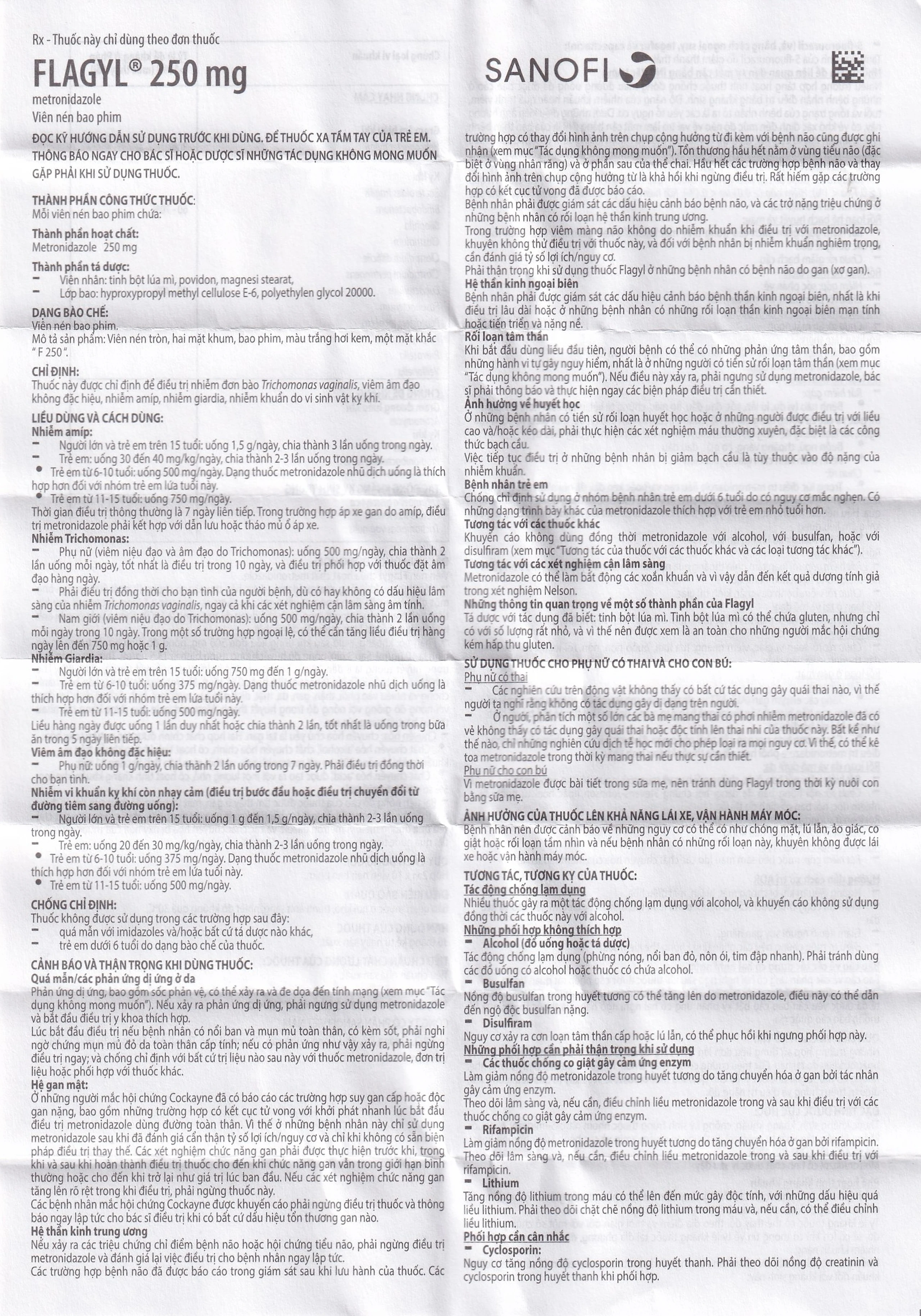 Thuốc Flagyl 250mg Sanofi điều trị nhiễm khuẩn (2 vỉ x 10 viên)