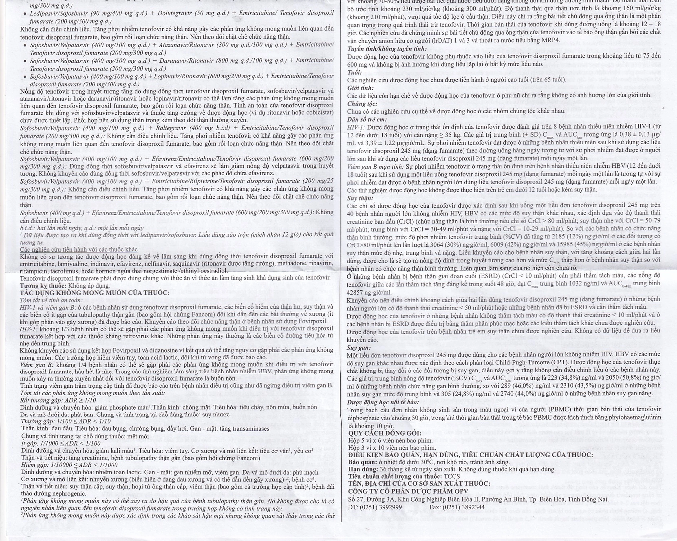 Thuốc Fovirpoxil 300mg OPV điều trị viêm gan B mạn tính và HIV-1 ở người lớn (3 vỉ x 10 viên)