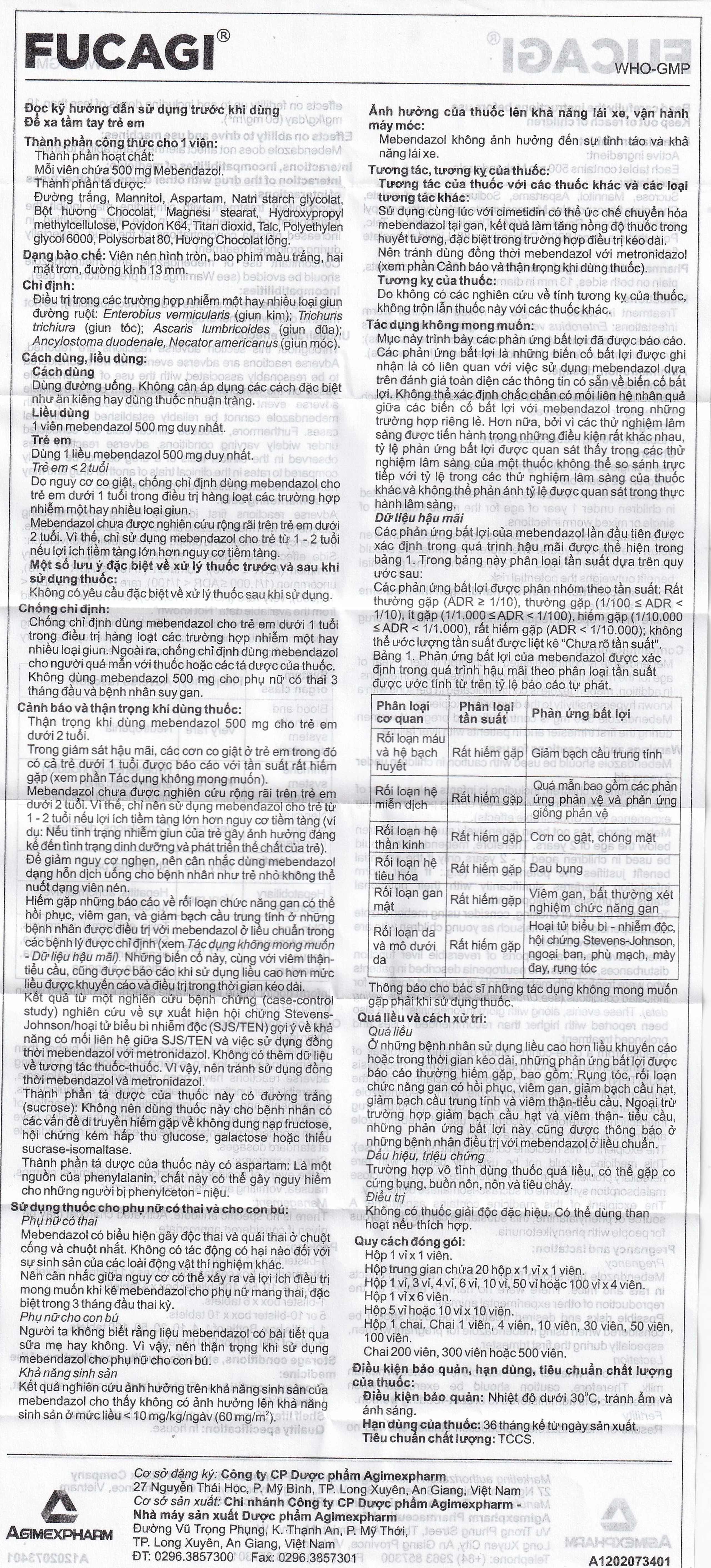 Thuốc Fucagi 500mg Agimexpharm điều trị nhiễm một hoặc nhiều loại giun đường ruột (1 viên)
