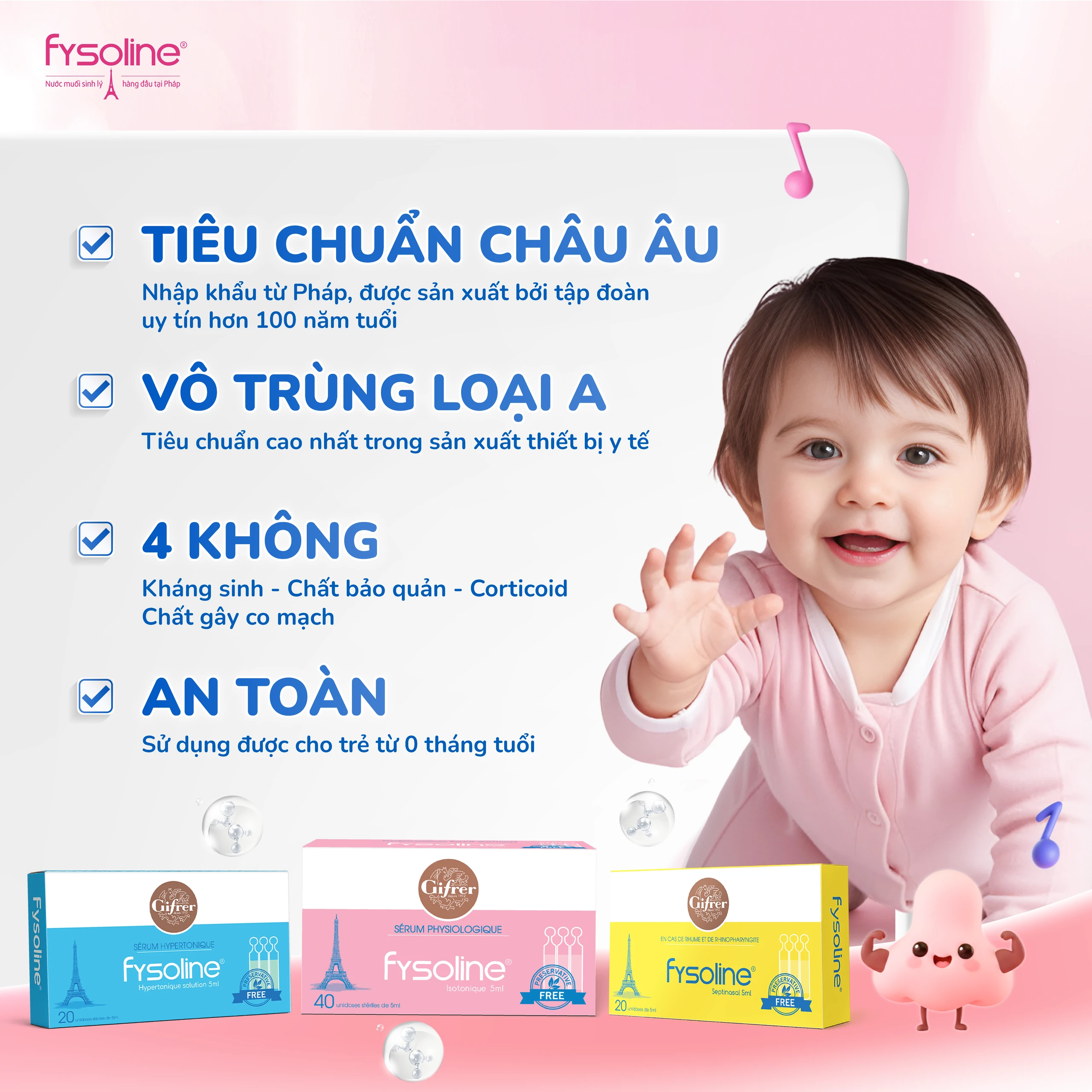 Nước muối sinh lý Fysoline Isotonique đẳng trương (40 ống x 5ml) giúp vệ sinh mắt mũi hàng ngày