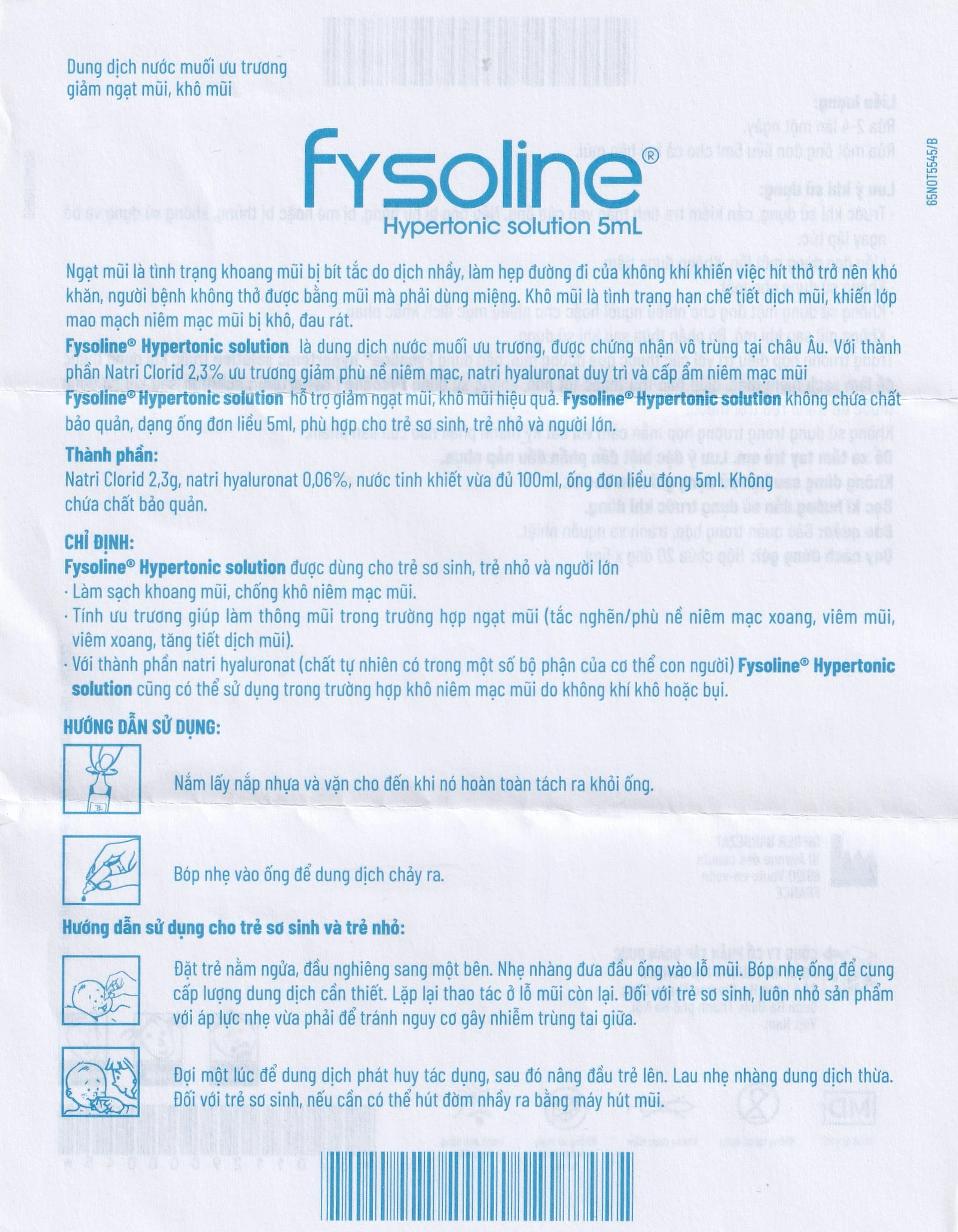 Nước muối sinh lý Fysoline Hypertonique ưu trương (20 ống x 5ml) giúp giảm phù nề và giữ ẩm niêm mạc mũi