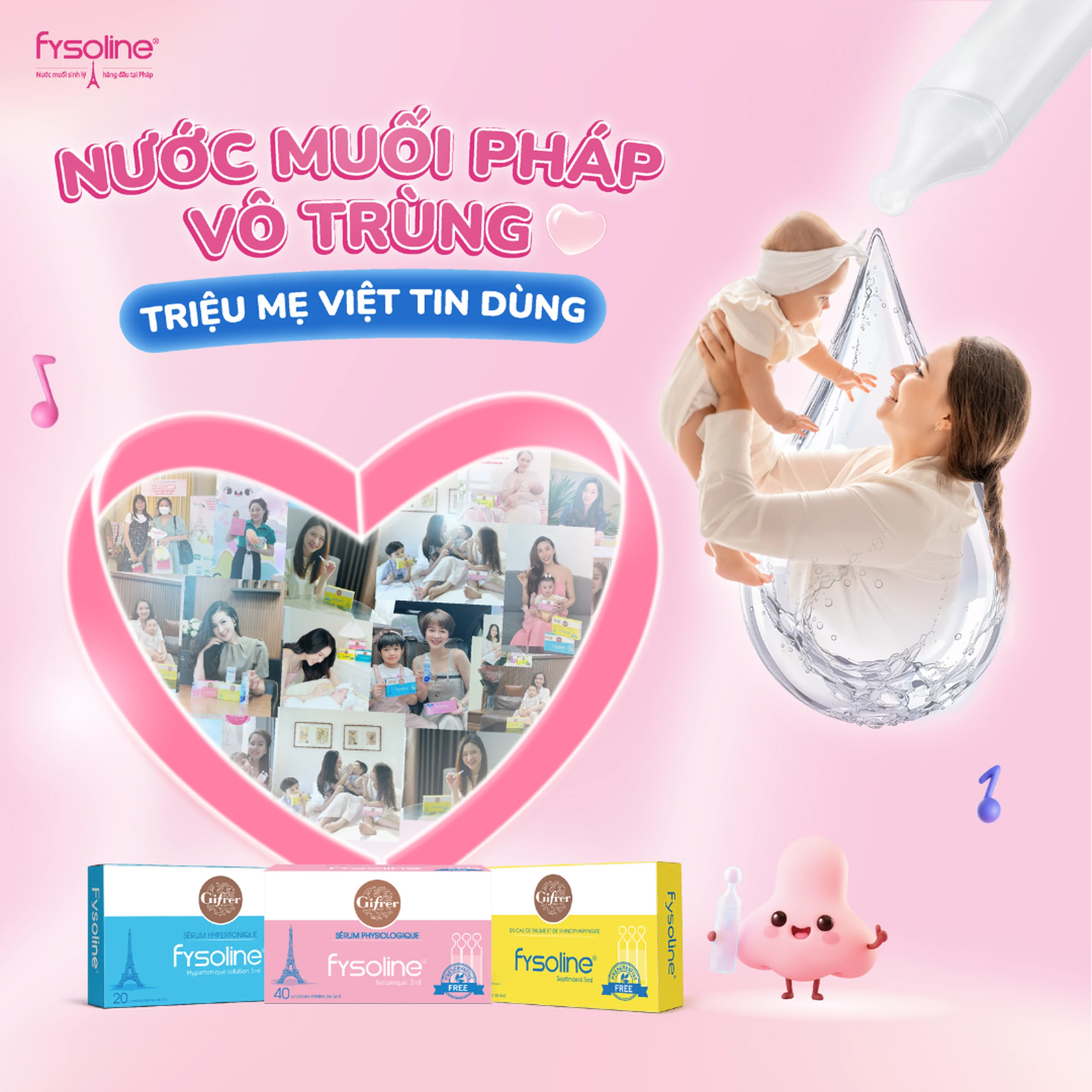 Nước muối sinh lý Fysoline Hypertonique ưu trương (20 ống x 5ml) giúp giảm phù nề và giữ ẩm niêm mạc mũi